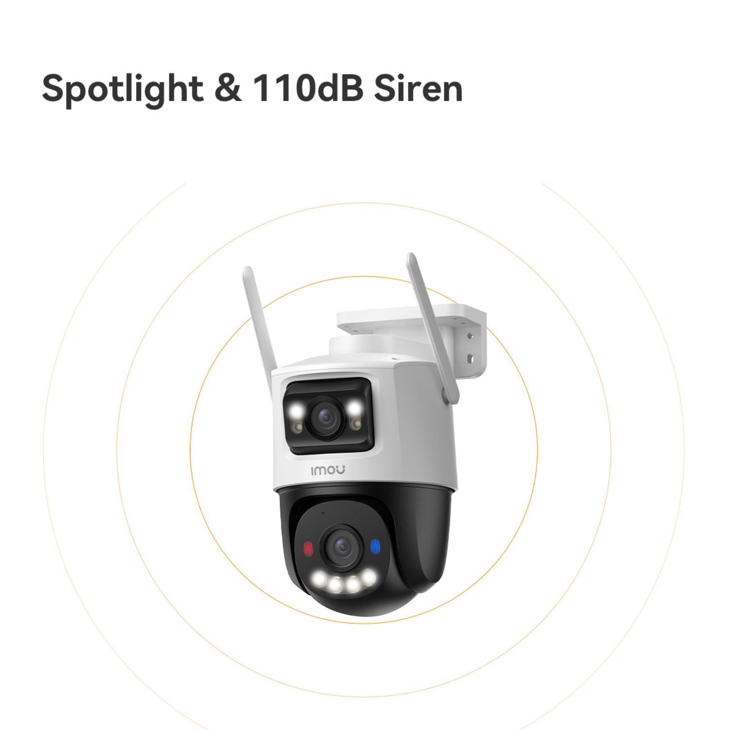 White and black security camera with two antennas. It has spotlight and siren features. The brand name "imou" is visible.