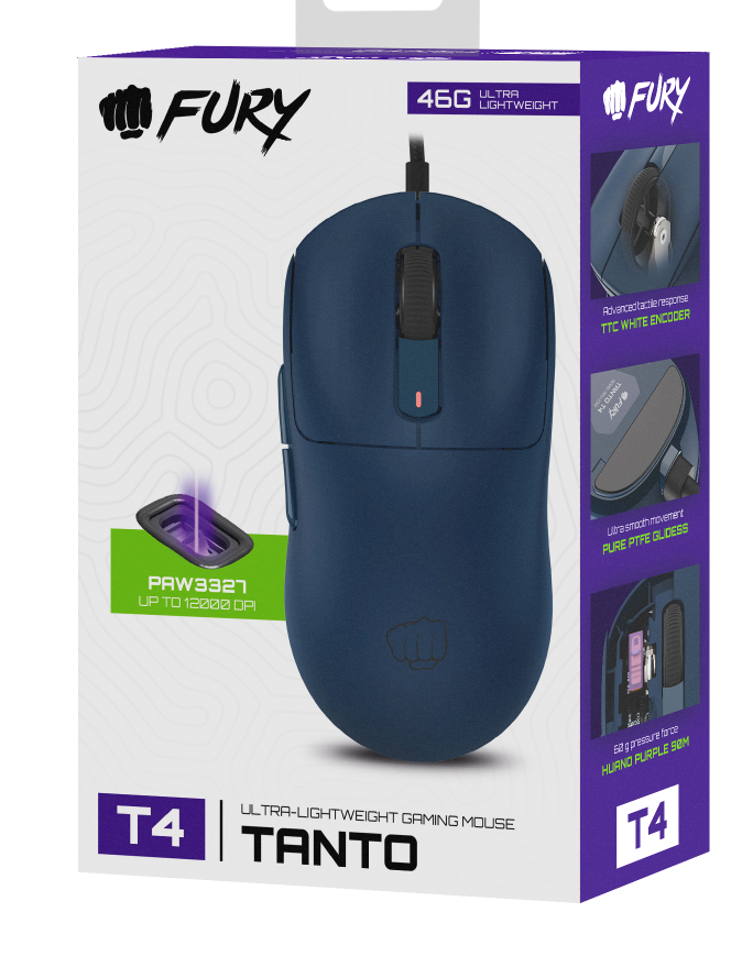 Zapakowana mysz do gier. Granatowa mysz z czarnym kablem. Tekst zawiera 'FURY', 'T4 TANTO' i specyfikacje. Panel boczny pokazuje funkcje.