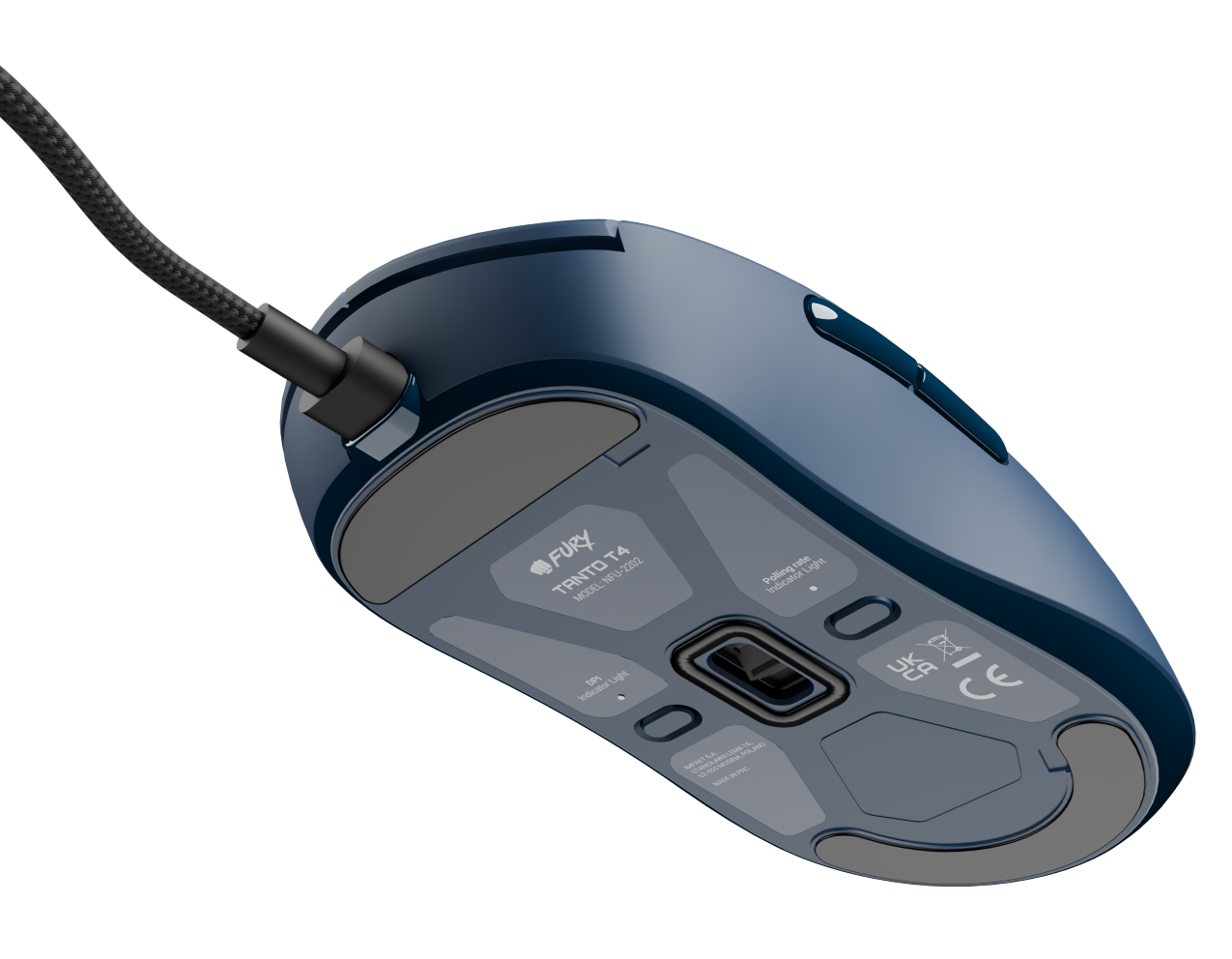 Niebieska i szara mysz komputerowa, model Tanto T4, widoczna od dołu z podłączonym kablem. Ma kontrolki i czarne tło.