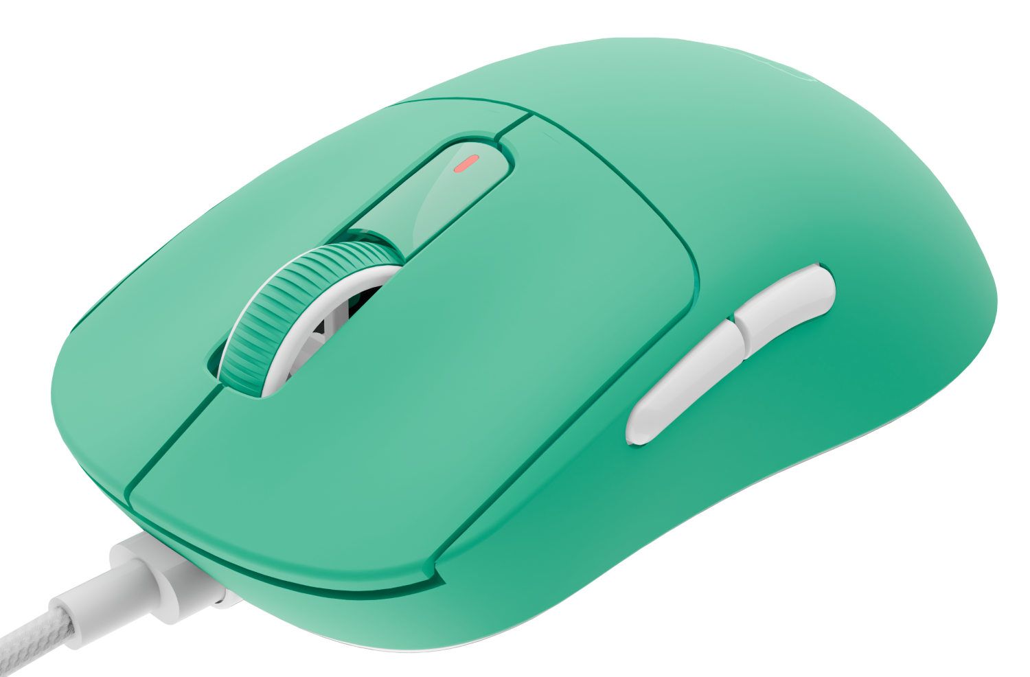 Zielona mysz komputerowa z białym kółkiem przewijania i przyciskami na czarnym tle. Czerwone światło wskazuje użycie.