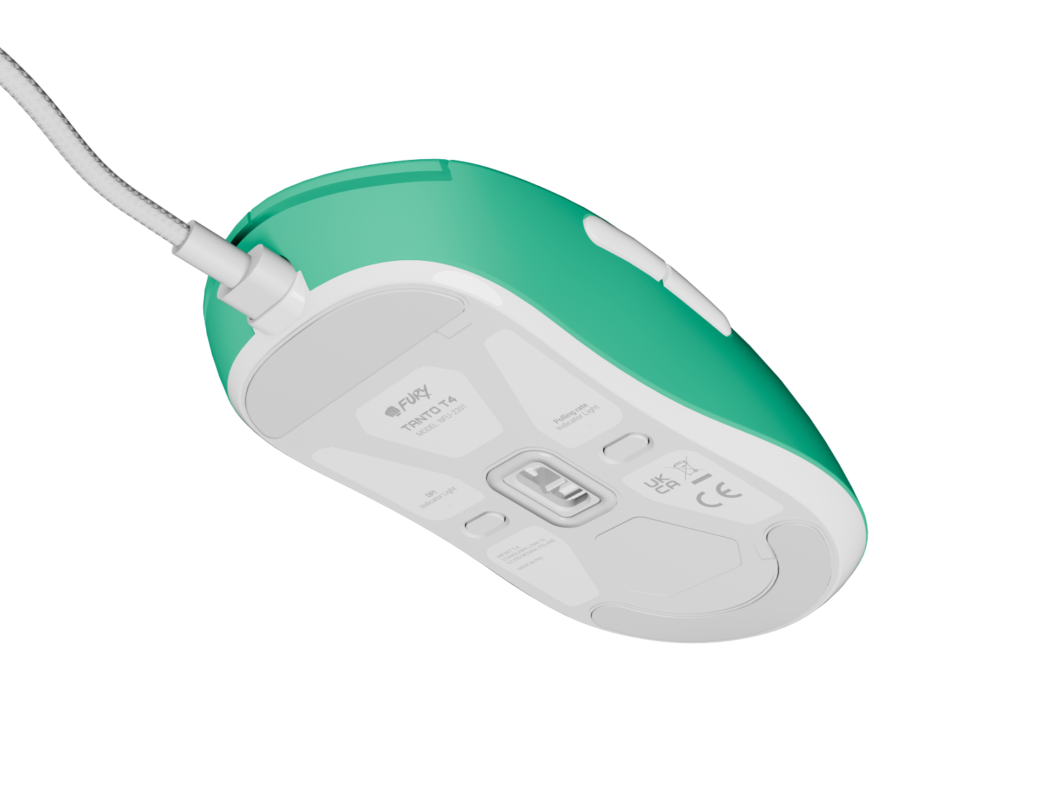 Zielono-biała mysz Fury Tanto T4 na czarnym tle. Dołączony biały kabel. Widoczny spód myszy.