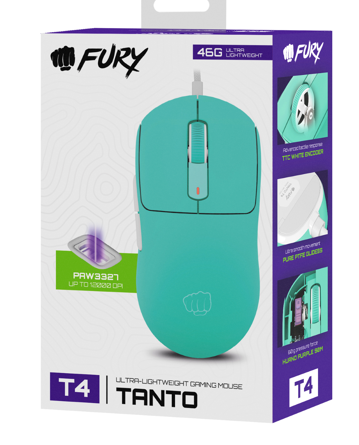 Pudełko z turkusową myszką do gier. Tekst brzmi 'FURY', 'Tanto' i specyfikacje takie jak '46G', 'PAW3327 do 12000 DPI'.