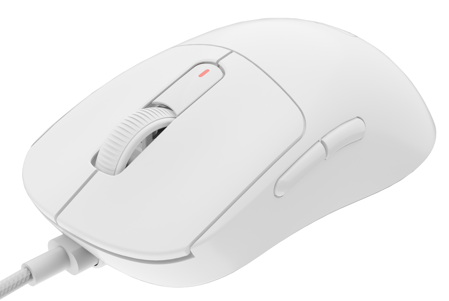 Biała mysz komputerowa z kółkiem przewijania i dwoma bocznymi przyciskami, na czarnym tle. Mysz jest przewodowa.