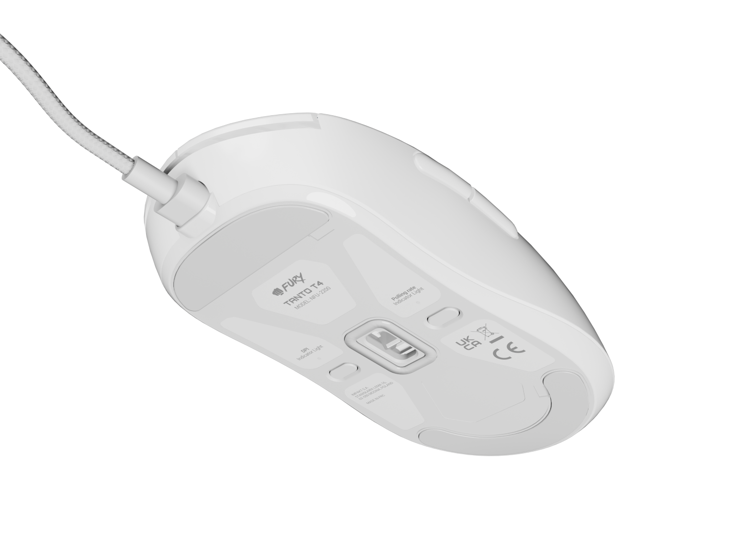 Biała mysz komputerowa, model Fury Tanto T4, widok od spodu, z białym kablem. Szczegóły obejmują światła DPI i częstotliwość odpytywania.