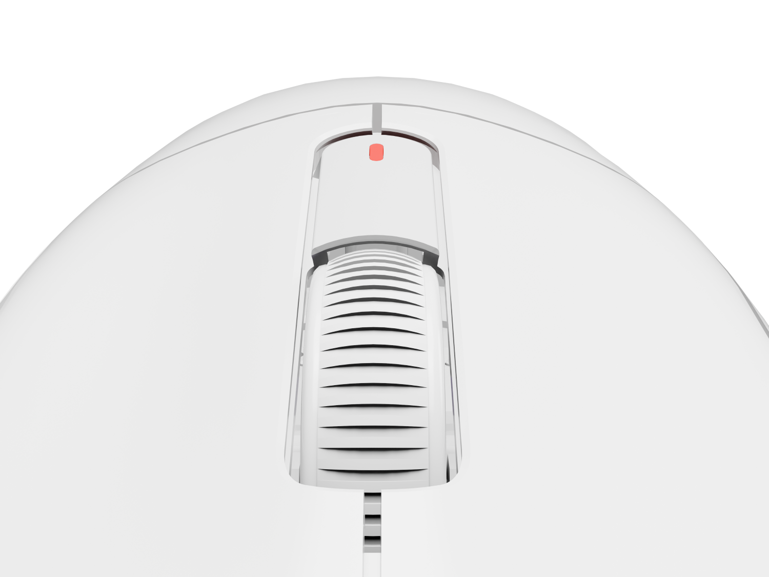 Zbliżenie białej myszy komputerowej. Widoczne jest kółko przewijania i górny przycisk. Świeci się czerwone światło.