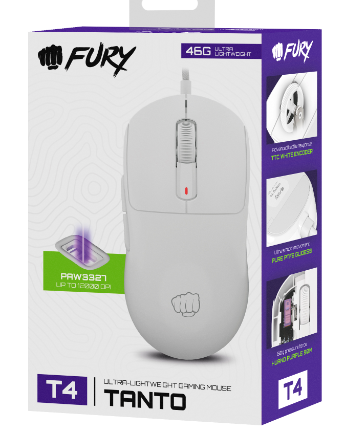 Biała mysz do gier jest na pudełku. Pudełko jest biało-fioletowe z tekstem i grafiką. Mysz ma logo pięści.