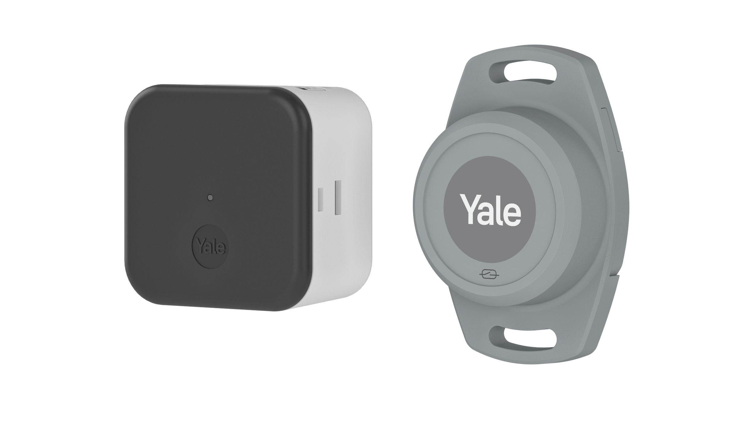 Zwei Yale-Geräte: ein schwarz-weißes quadratisches Gerät und ein graues kreisförmiges Gerät mit dem Yale-Logo.