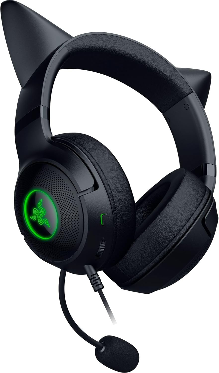 Fekete Razer gaming headset macskafülekkel, világító logóval és mikrofonnal.