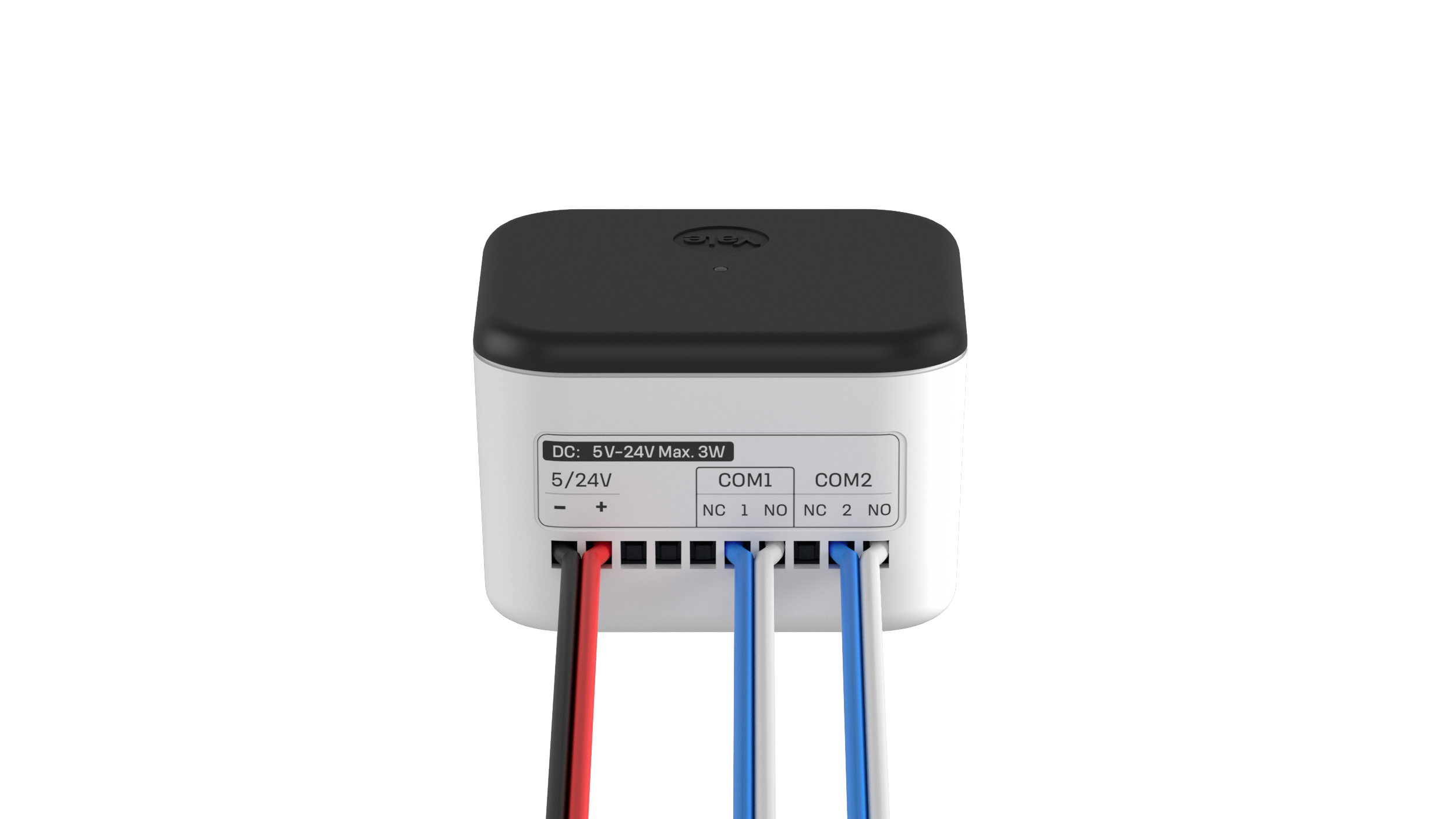 Ein weißes Gerät mit schwarzer Oberseite. Es hat Drähte: rot, weiß und blau. Aufschrift: DC 5V-24V Max 3W.