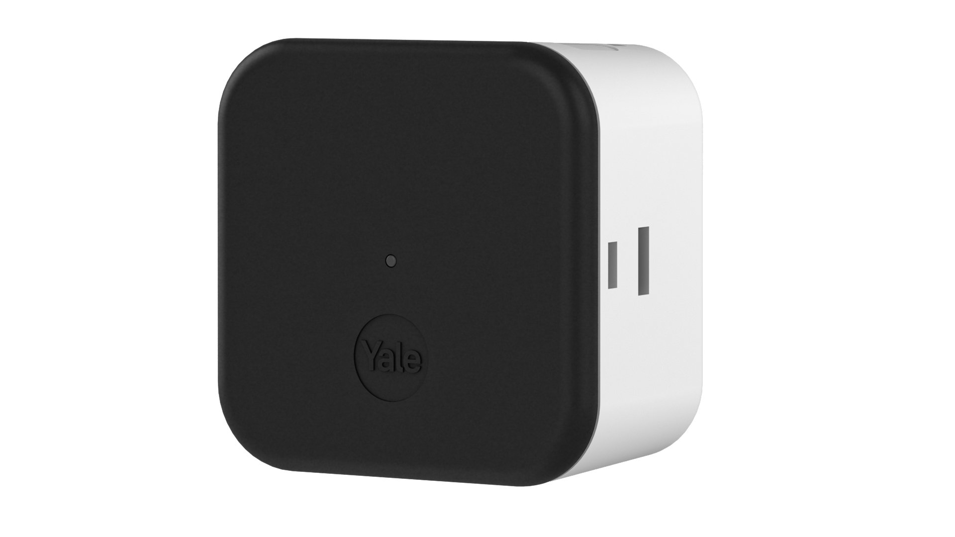 Ein schwarz-weißes Yale-Gerät. Es hat eine schwarze Vorderseite mit einem Yale-Logo, einem kleinen Kreis und eine weiße Seite mit Linien.