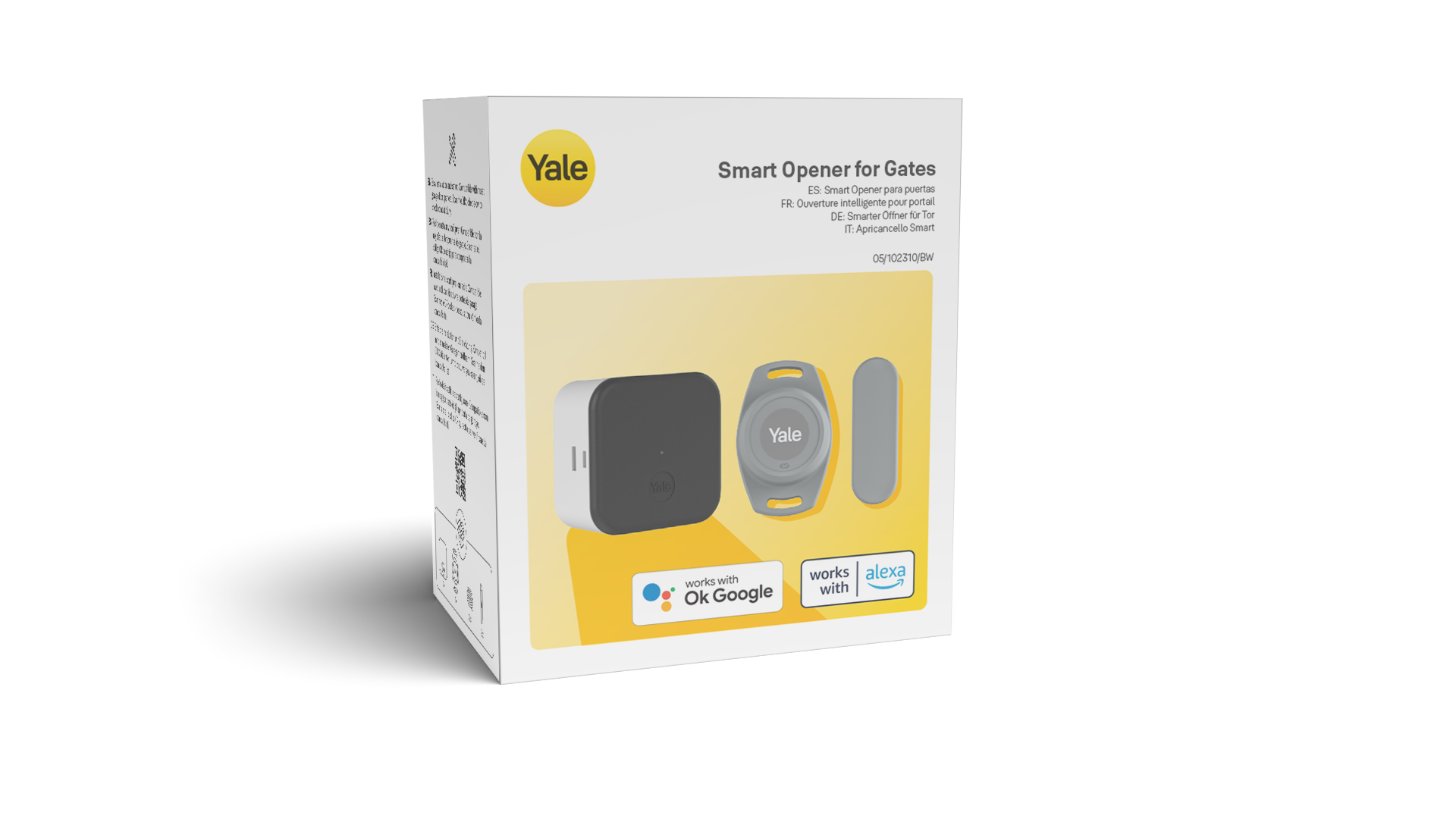 Ein weißer Karton zeigt einen Yale Smart Opener for Gates. Er zeigt den Öffner, eine Fernbedienung und einen Schlüsselanhänger.