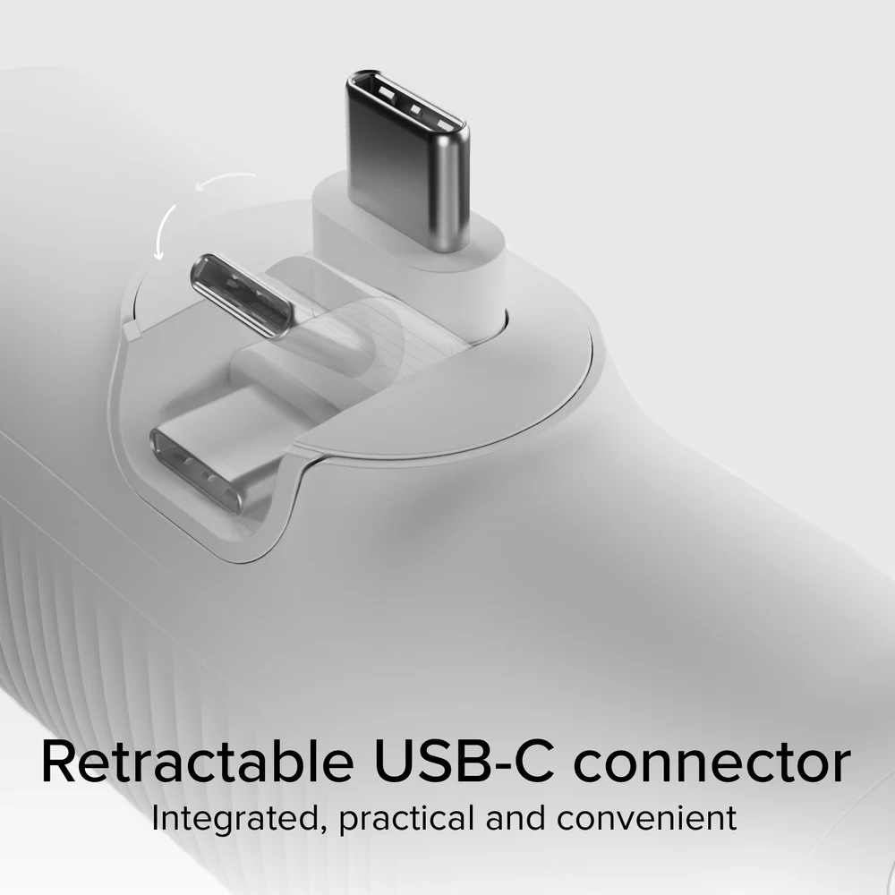 Białe, chowane złącze USB-C z trzema widocznymi złączami. Tekst: Chowane złącze USB-C, zintegrowane, praktyczne i wygodne.