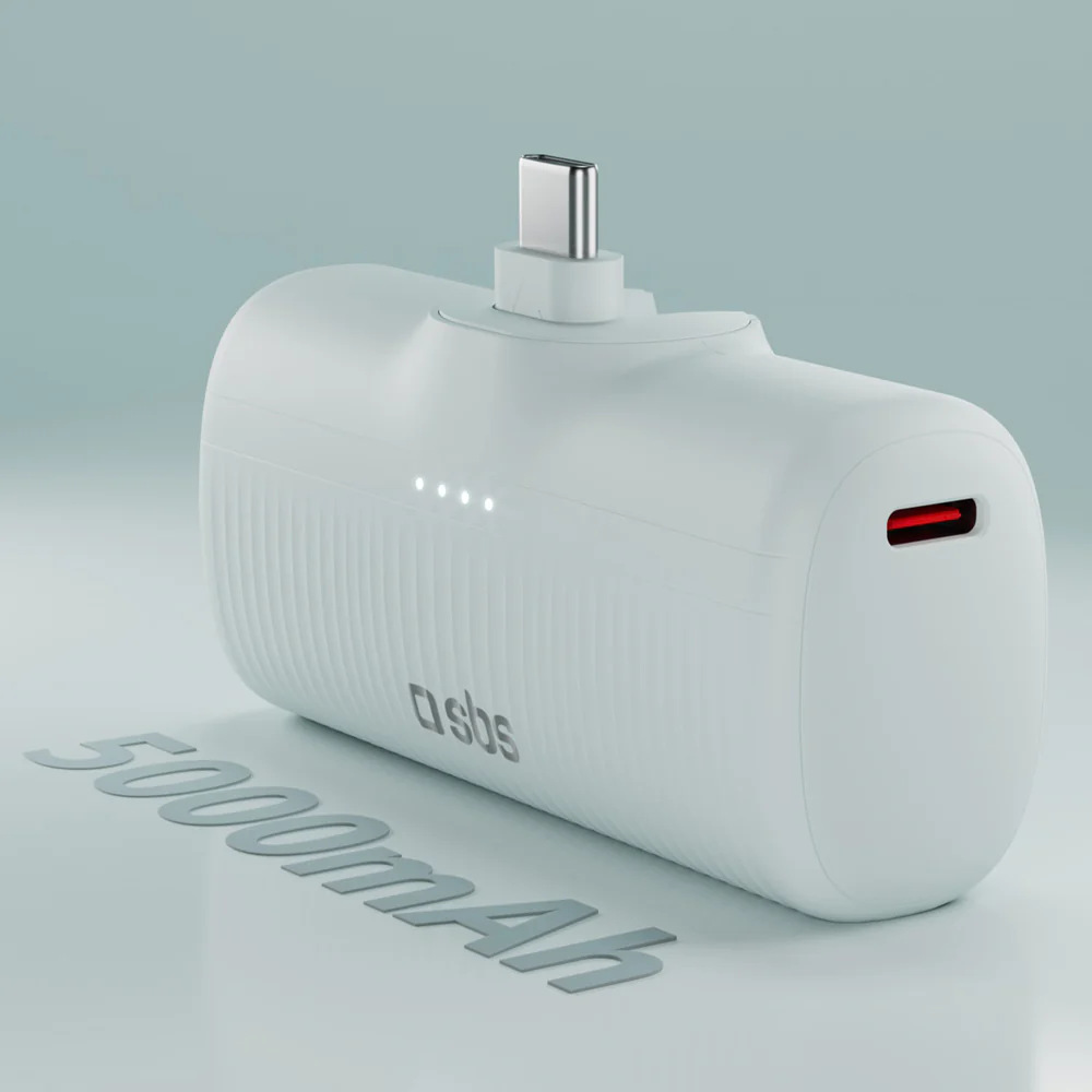 Biały power bank z portem USB-C. Ma czerwony port i cztery kontrolki. Pod spodem napis '5000mAh'.