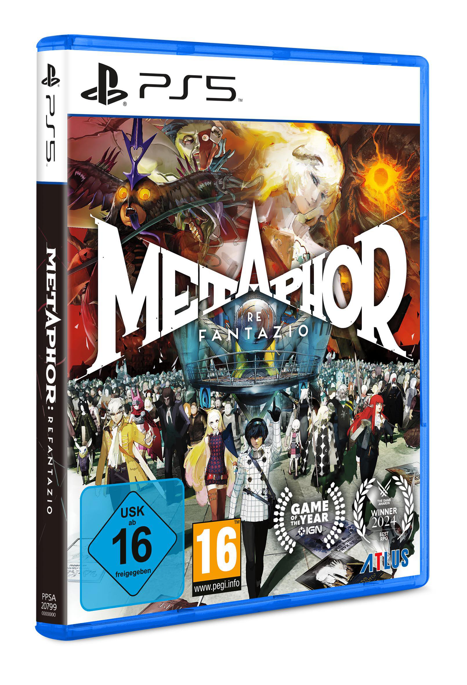 Spiel-Box-Art für Metaphor: Refantazio auf PS5. Enthält Charaktere und stilisierte Kunst. Blaue Hülle, Bewertungsetiketten und Logos sind sichtbar.