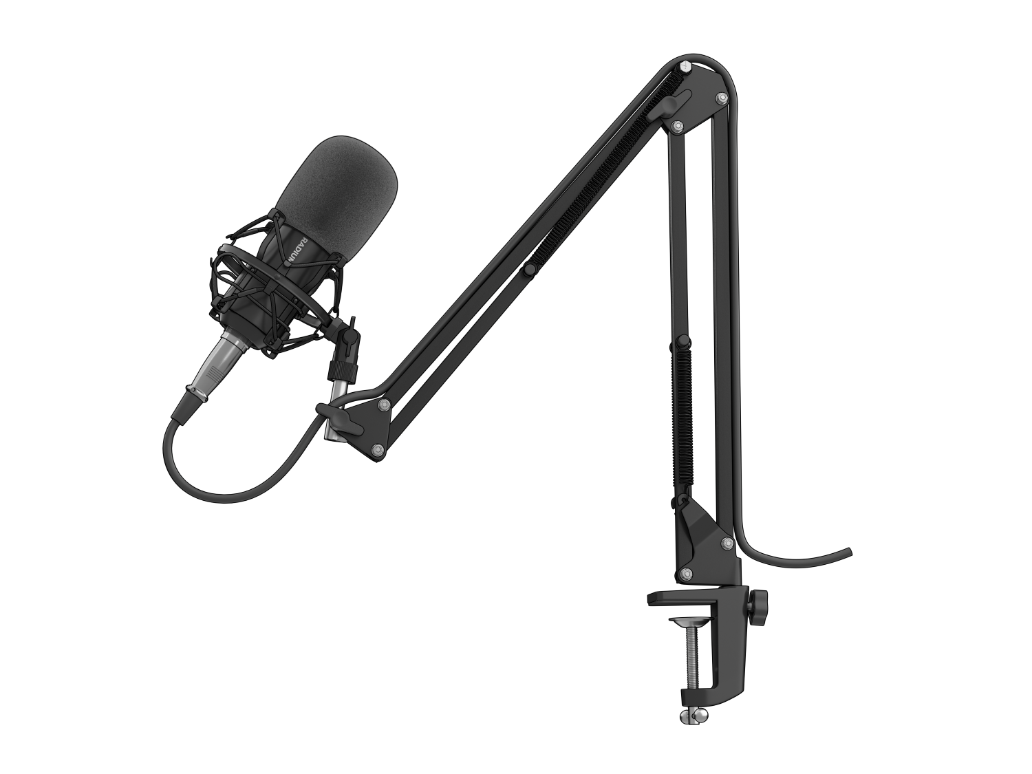 Czarny mikrofon z filtrem pop na czarnym, regulowanym ramieniu, zamontowany na czarnym zacisku, na czarnym tle.