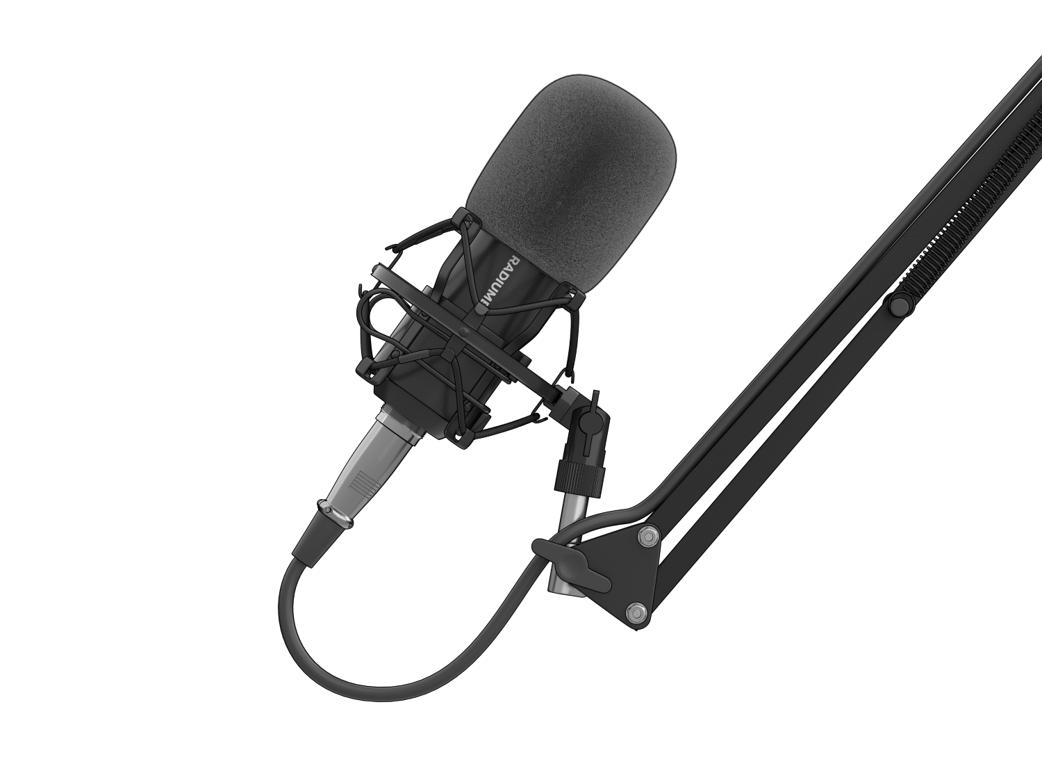 Czarny mikrofon z filtrem pop, zamontowany na czarnym ramieniu, na czarnym tle. Mikrofon jest oznaczony jako "radiumi".