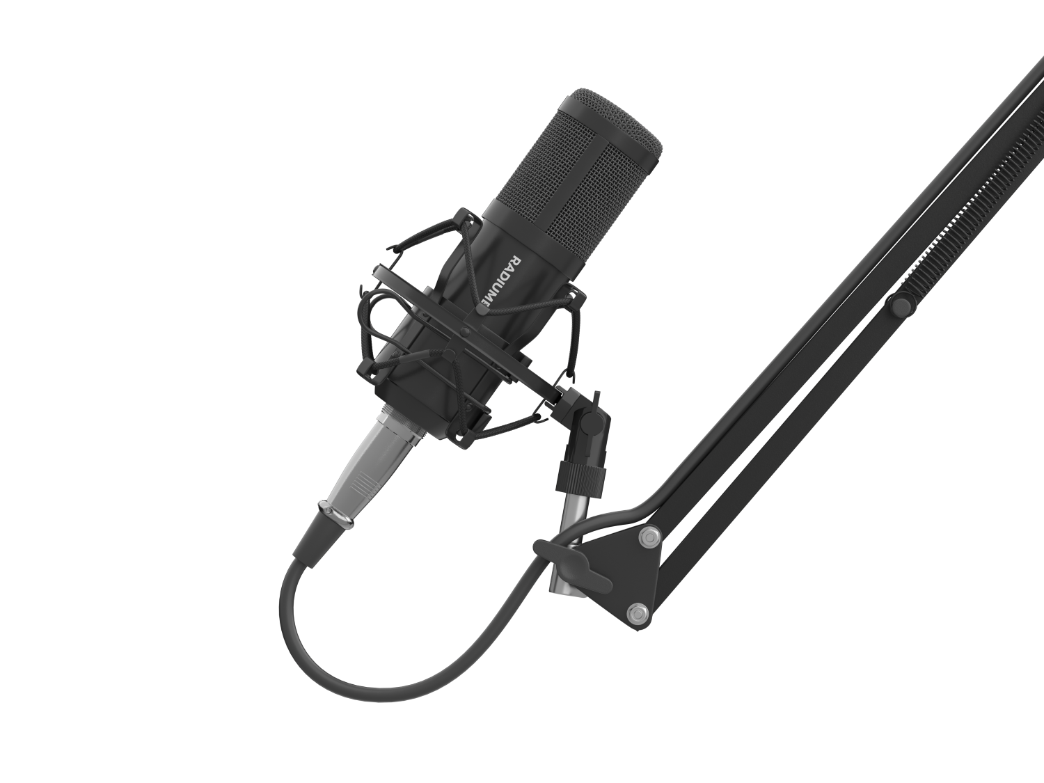 Czarny mikrofon z filtrem pop jest zamontowany na czarnym ramieniu. Tło jest całkowicie czarne.