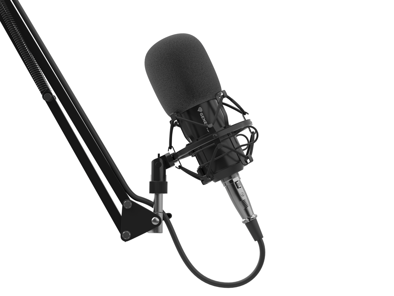 Czarny mikrofon z piankową osłoną jest zawieszony na czarnym, regulowanym ramieniu. Znajduje się na czarnym tle.