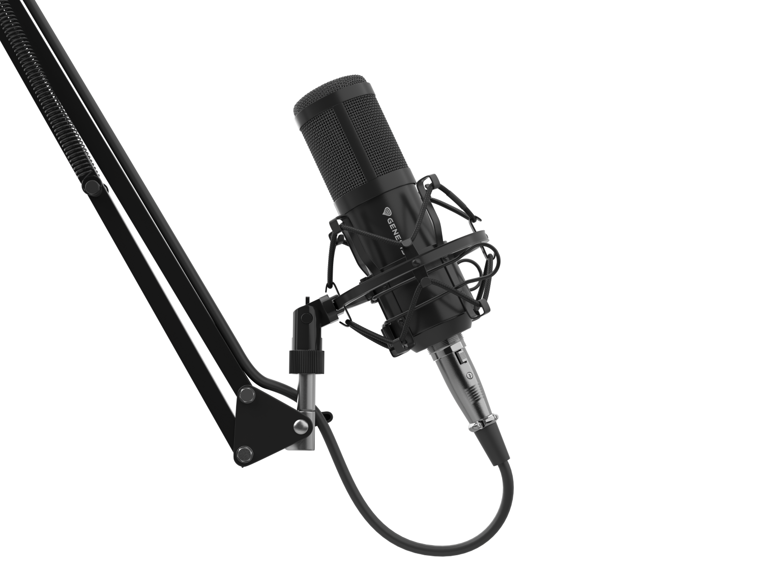 Czarny mikrofon studyjny jest zamontowany na czarnym, regulowanym ramieniu. Tło jest czarne.