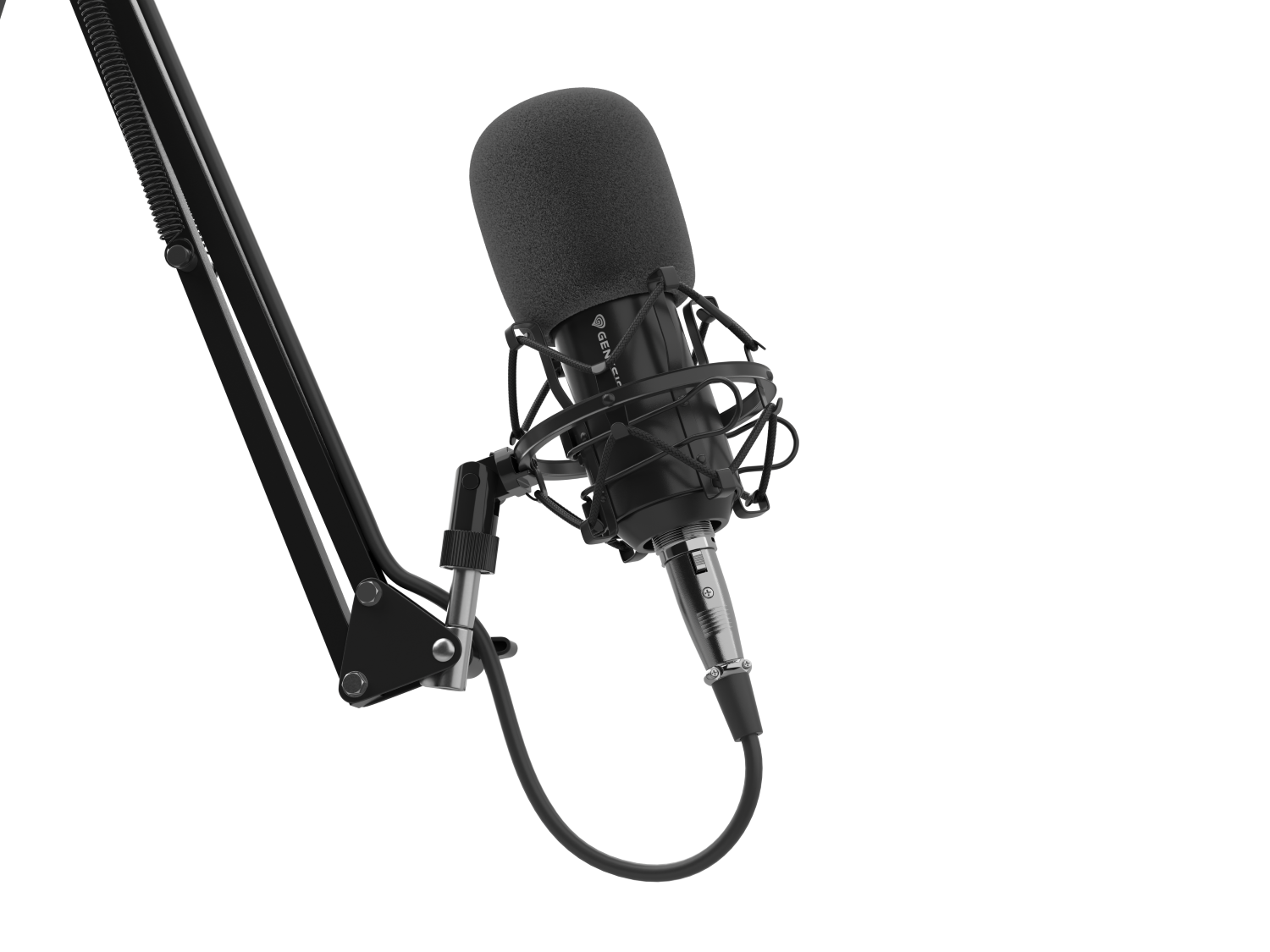 Czarny mikrofon z filtrem pop jest zamontowany na czarnym ramieniu. Czarny kabel biegnie od mikrofonu w dół.