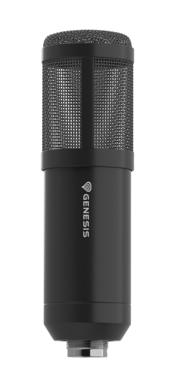 Czarny mikrofon Genesis z siatkową głowicą. Logo znajduje się na obudowie. Tło jest czarne.