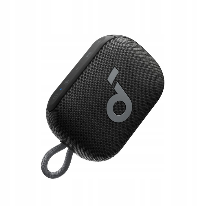 Czarny, owalny głośnik Anker. Ma szare logo i pętlę. Przyciski są na górze. Na białym tle.
