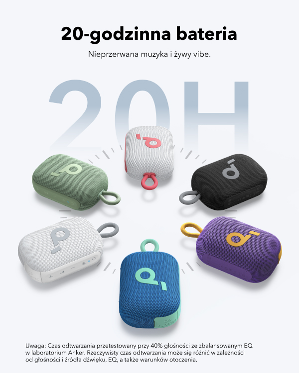 Obraz przedstawia sześć kolorowych głośników przenośnych. Każdy ma inny kolor i logo 'a'. Tekst mówi 'Bateria 20 godzin'.