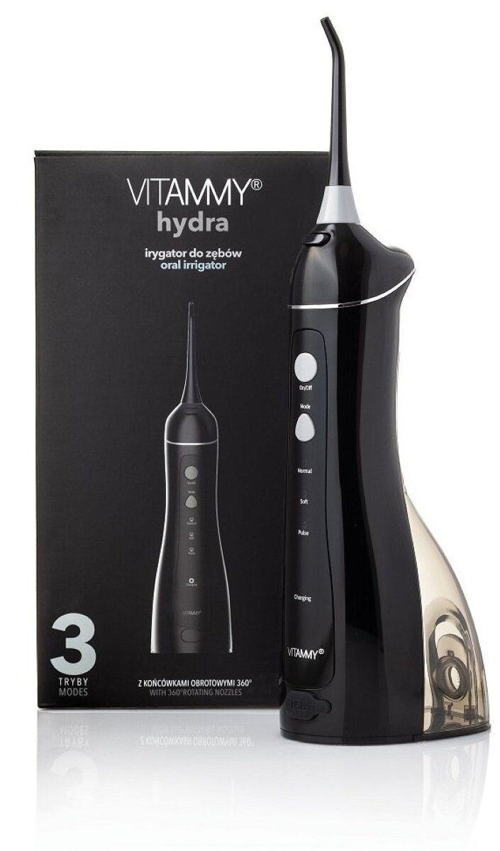 Czarny irygator do jamy ustnej Vitammy Hydra i jego pudełko, z tekstem i rysunkiem urządzenia, na białym tle.