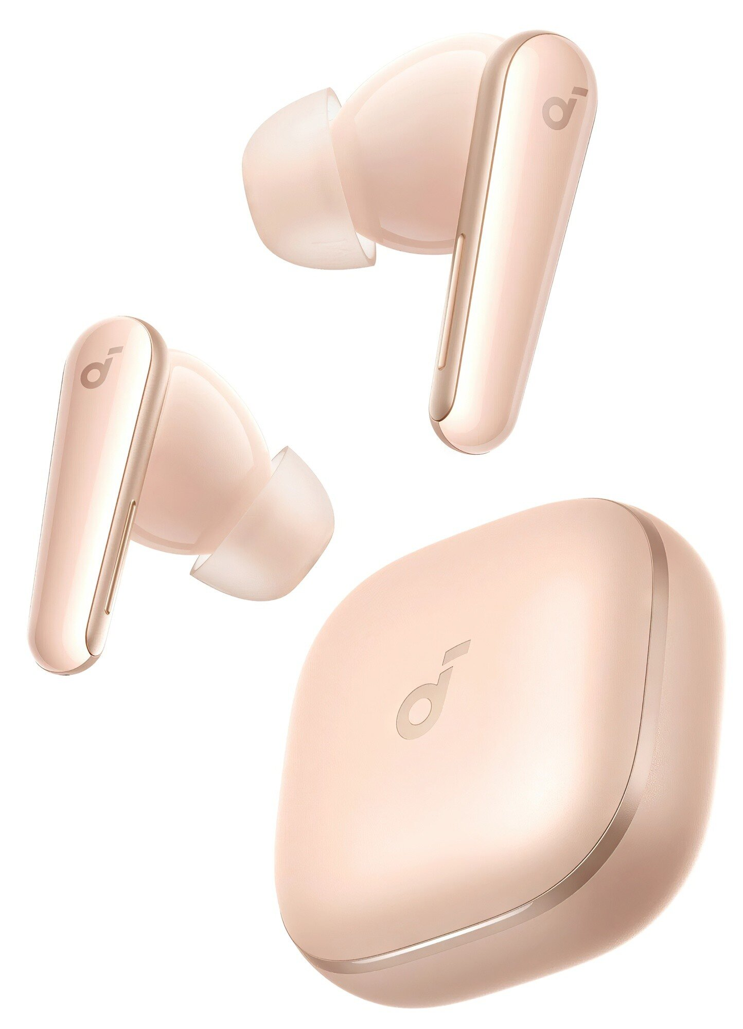 Różowo-złote bezprzewodowe słuchawki i etui ładujące na białym tle. Słuchawki są w różnych pozycjach.