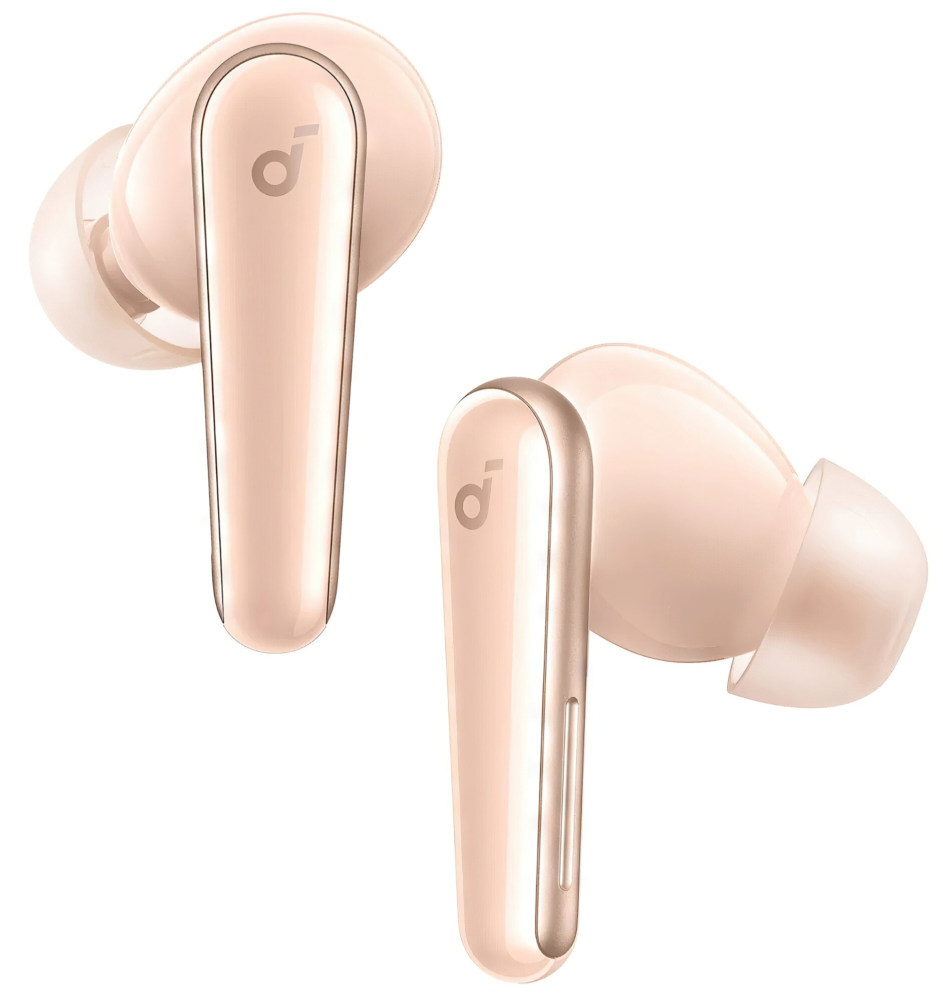 Dwa bezprzewodowe słuchawki w kolorze różowego złota na białym tle. Każdy pączek ma długą łodygę. Widoczne logo marki.