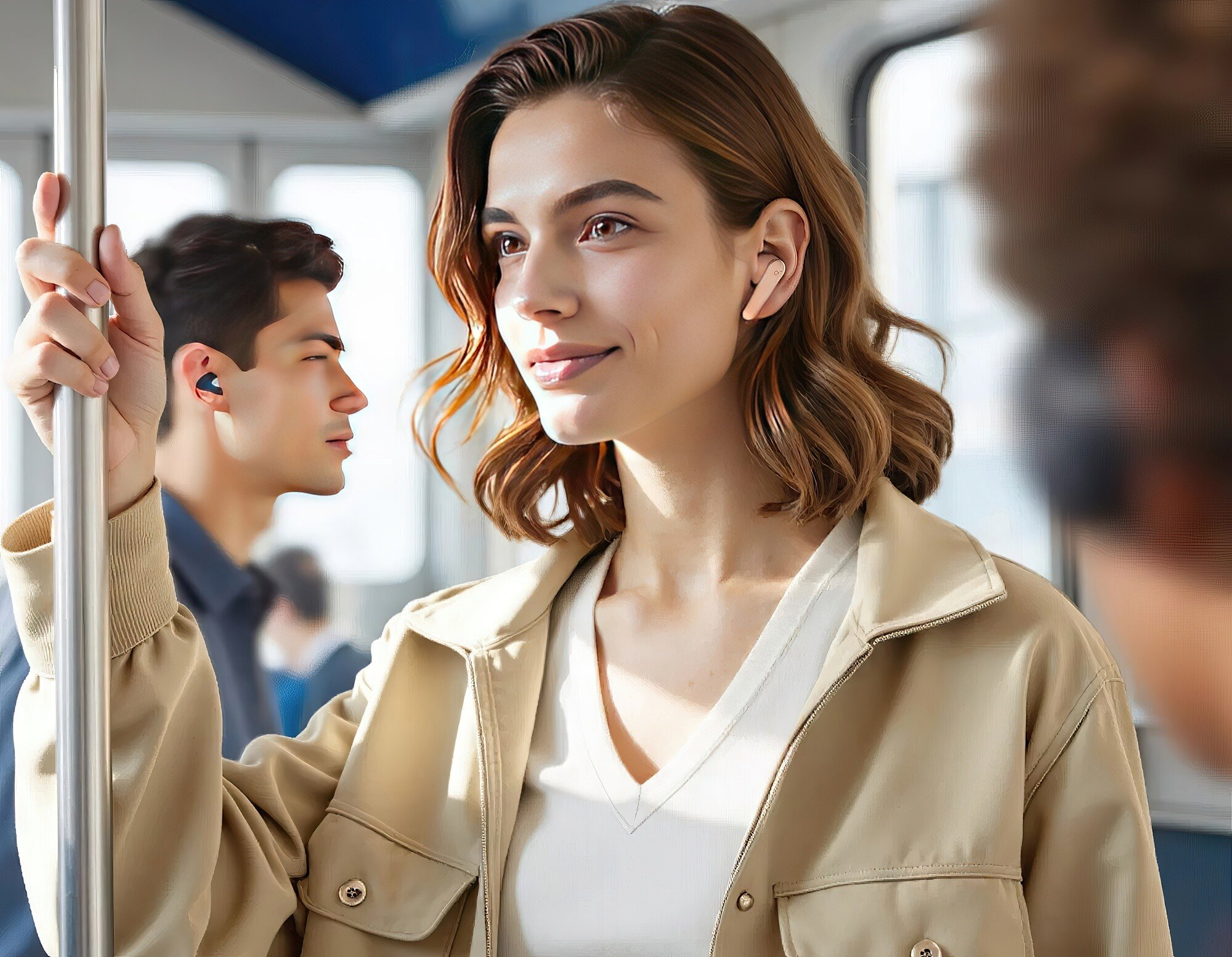 Kobieta ze słuchawkami uśmiecha się, trzymając się poręczy w pociągu. Inny mężczyzna ma słuchawki. Oboje mają beżową kurtkę.