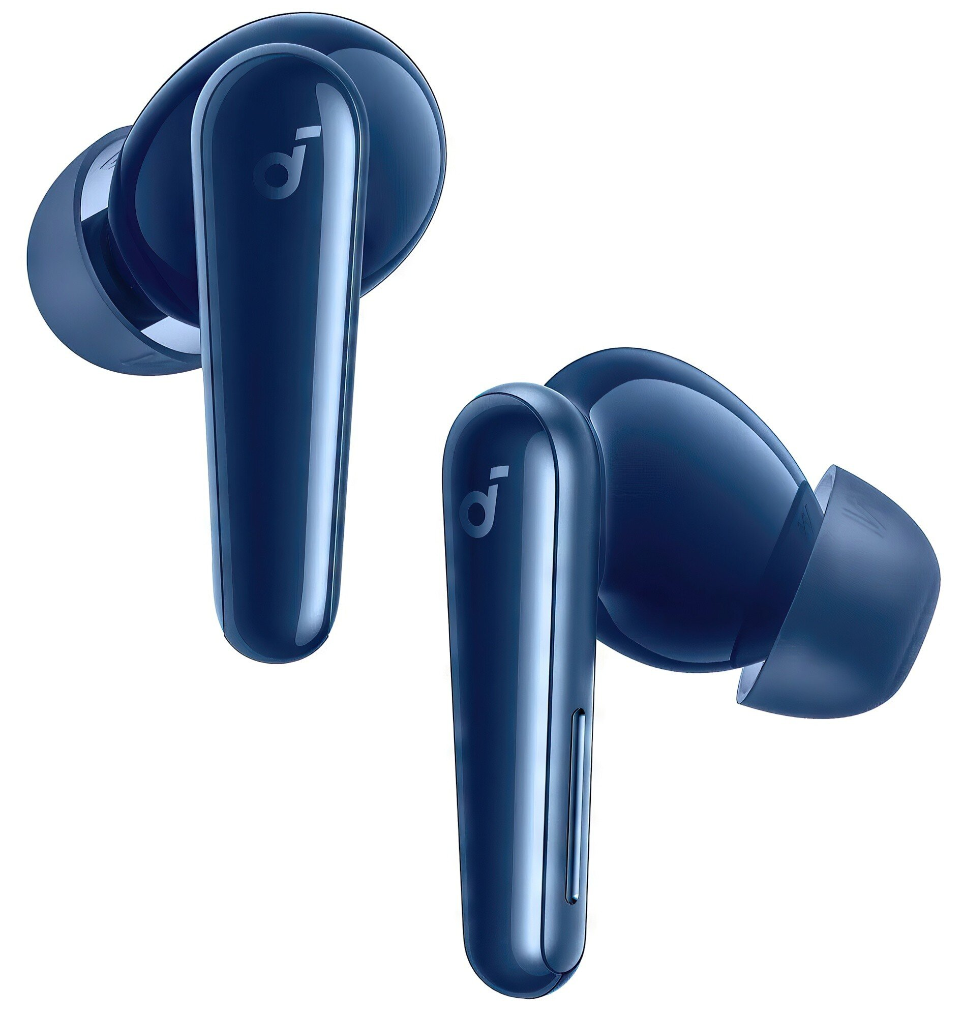 Dwa niebieskie bezprzewodowe słuchawki, z błyszczącym wykończeniem, na białym tle. Każdy słuchawka ma logo 'd'.