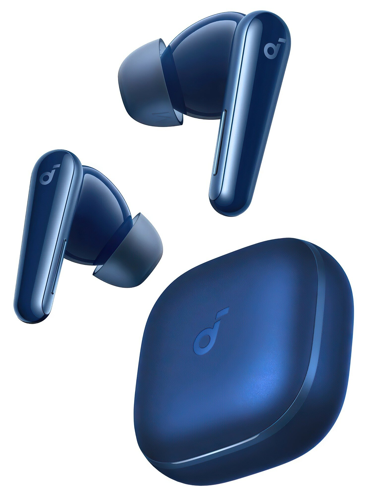 Niebieskie bezprzewodowe słuchawki douszne i ich etui ładujące na białym tle. Słuchawki mają elegancki design z logo marki.