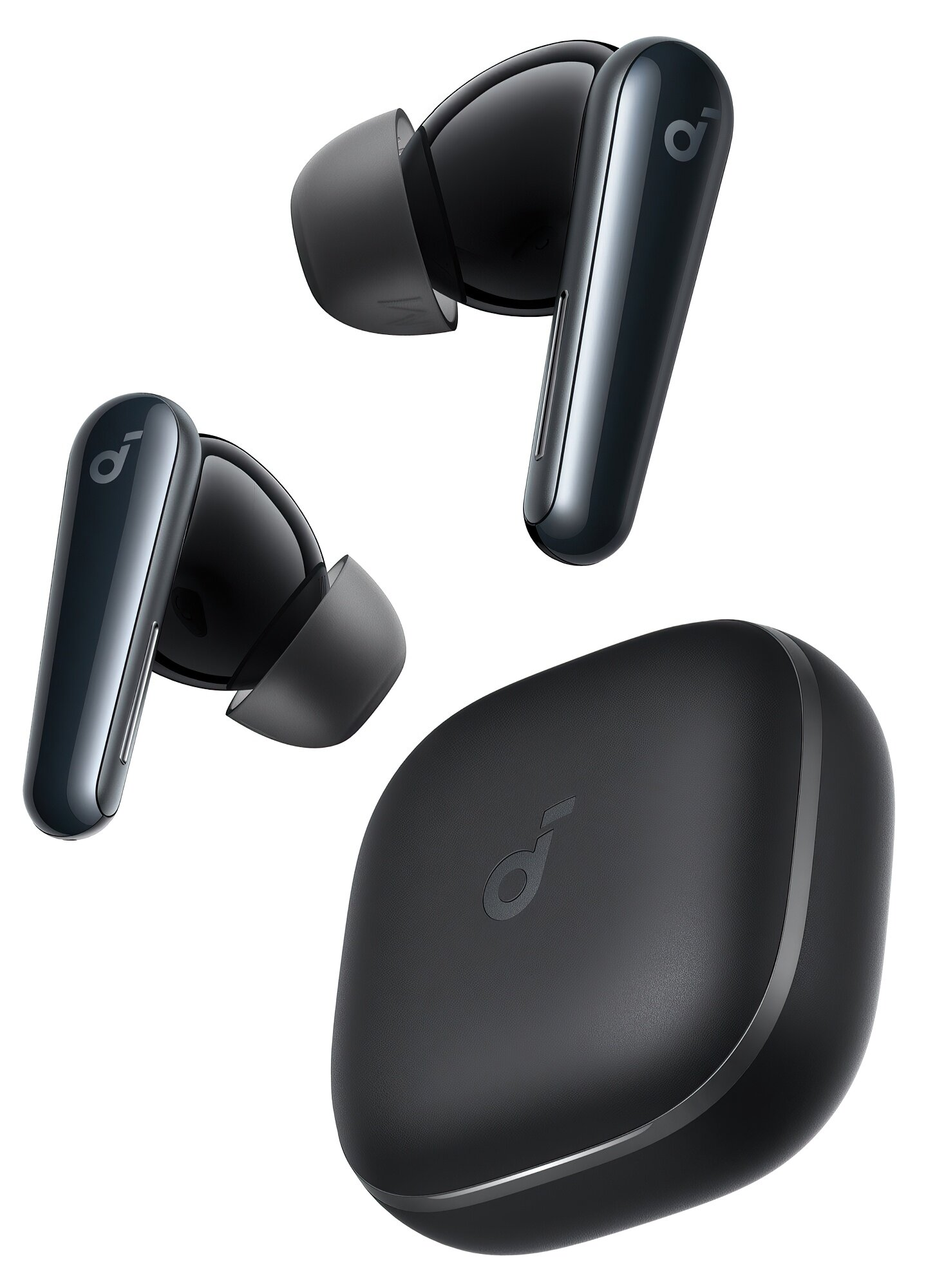 Czarne bezprzewodowe słuchawki i etui ładujące na białym tle. Słuchawki mają logo 'a'. Etui ma to samo logo.