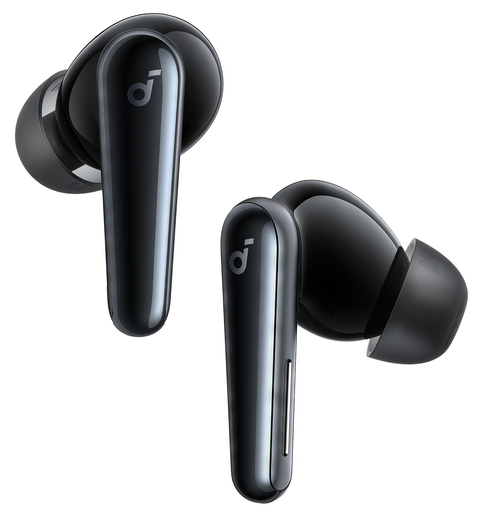 Dwa czarne bezprzewodowe słuchawki z błyszczącym wykończeniem. Każda słuchawka ma długą nóżkę i logo Anker.