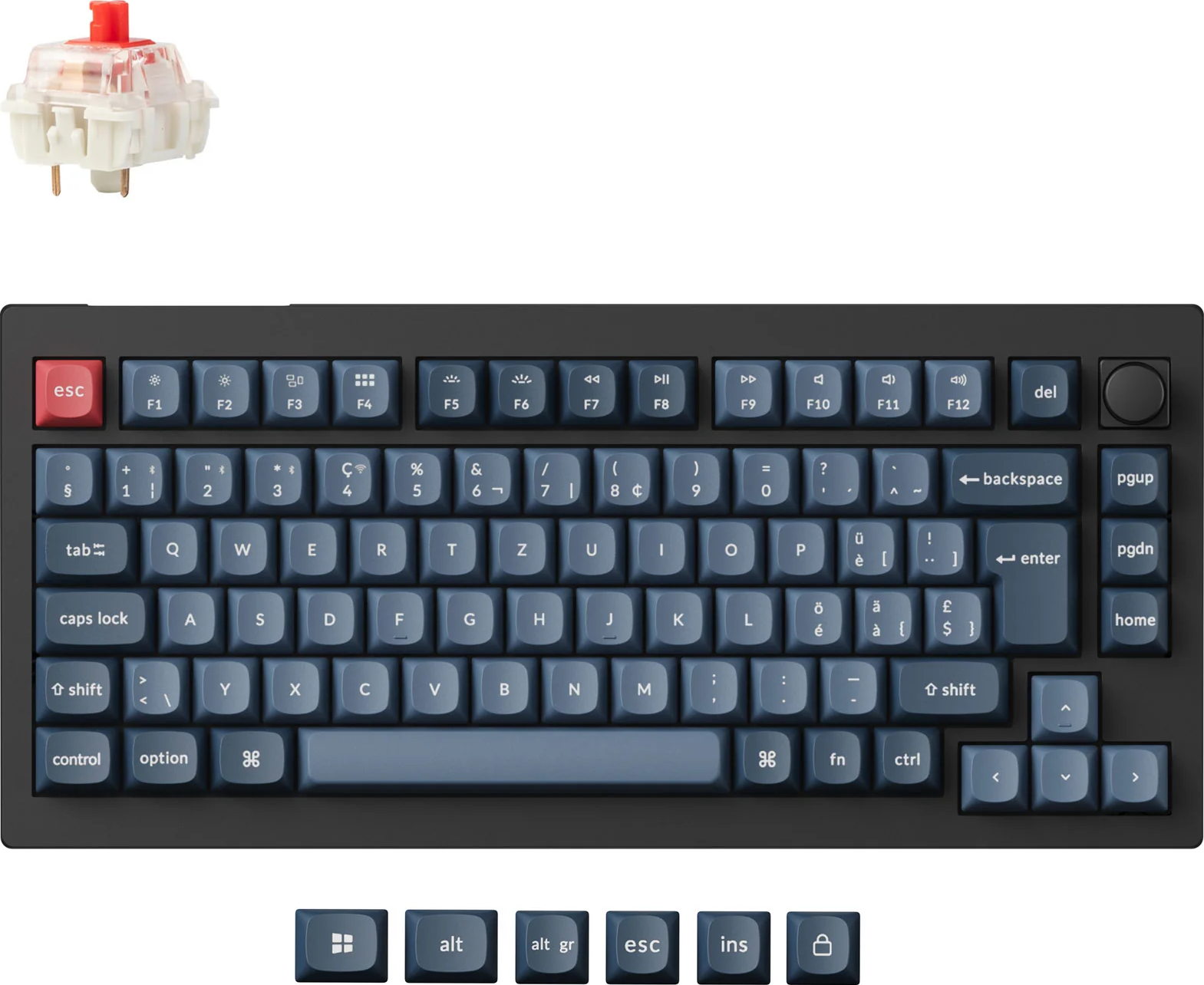 Un clavier mécanique avec des touches bleues et une touche échap rouge, un interrupteur au-dessus, touches en bas.