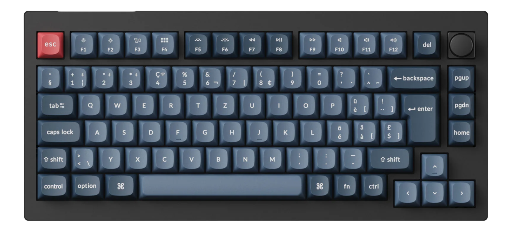 Un clavier mécanique gris foncé avec des touches bleues et une touche échap rouge. Les touches ont des caractères blancs.