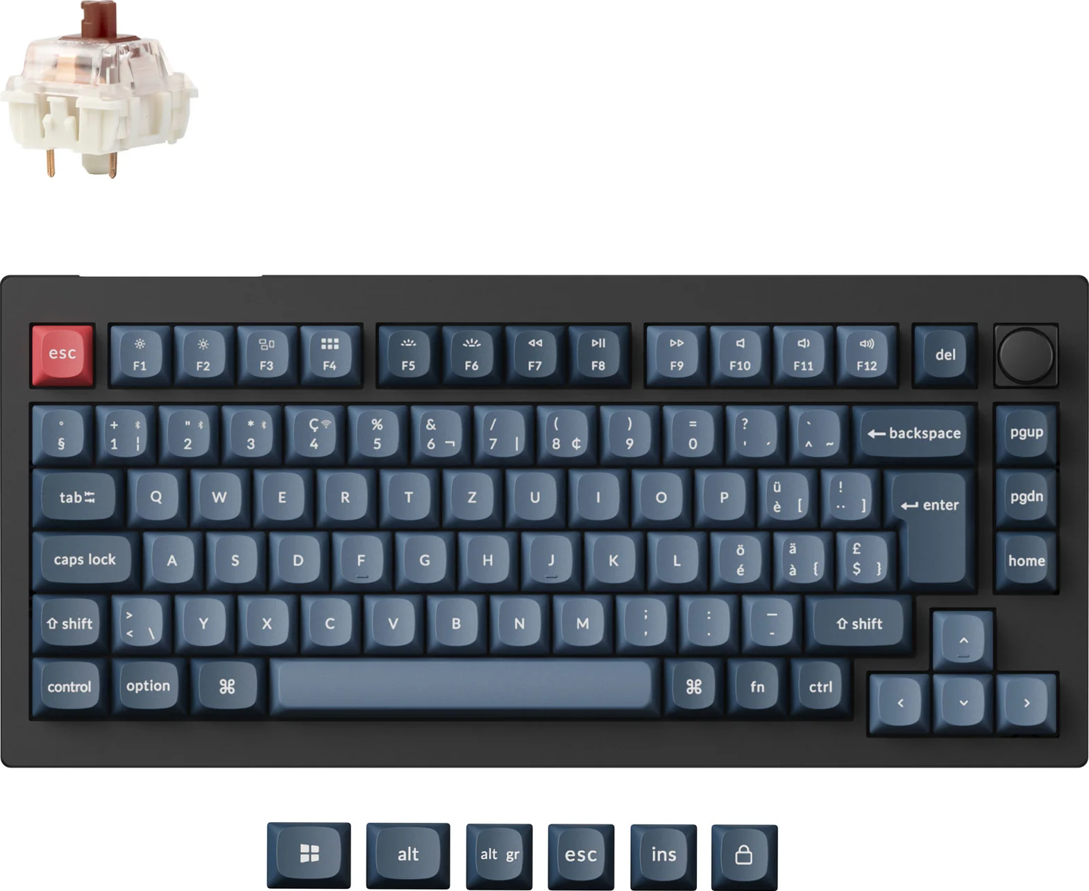 Un clavier mécanique avec des touches bleues et une touche échap rouge. Un interrupteur de touche unique est montré en haut à gauche.