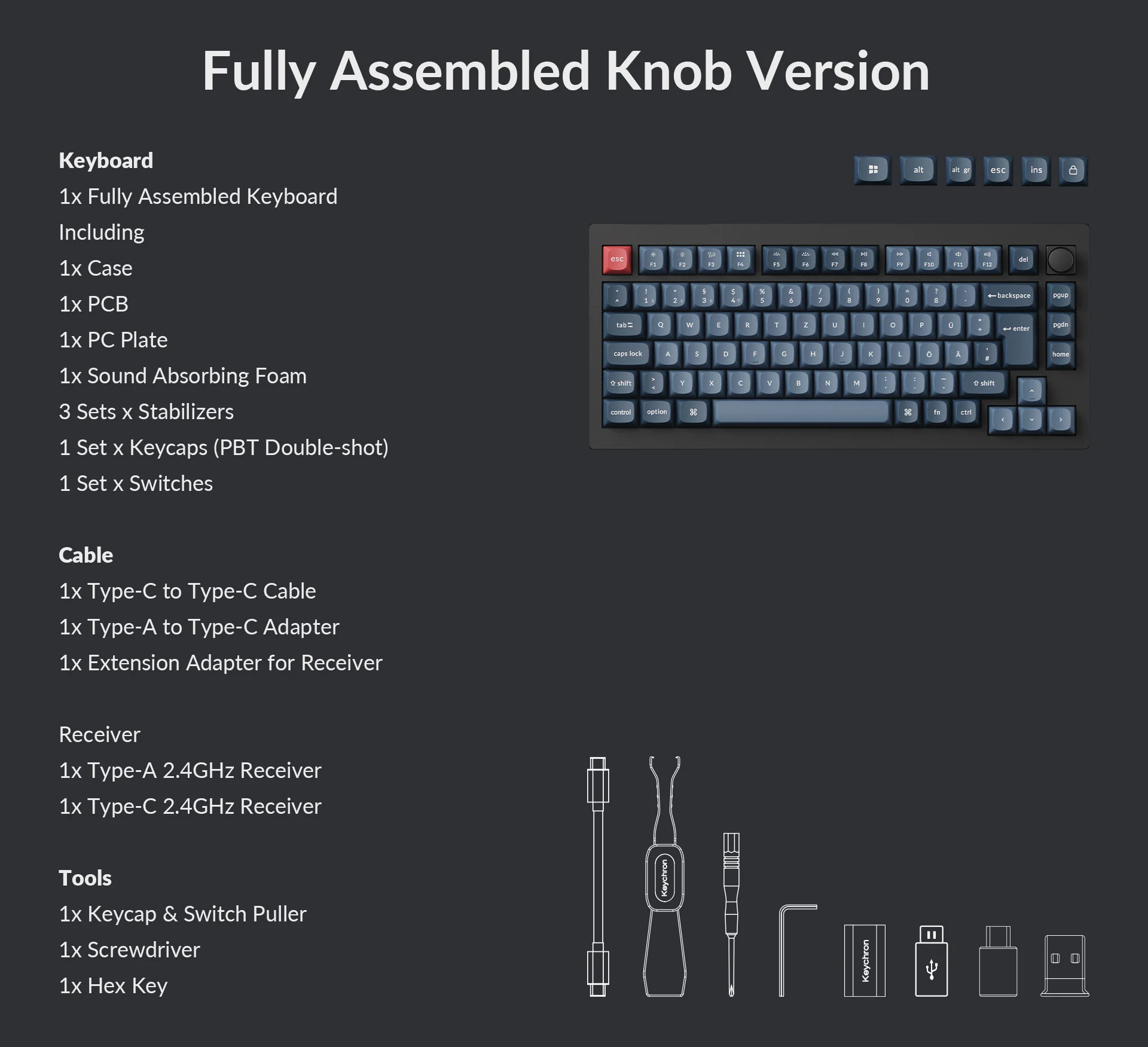Un clavier avec des touches bleues. Il comprend un extracteur de touches, un tournevis, une clé hexagonale et d'autres composants.
