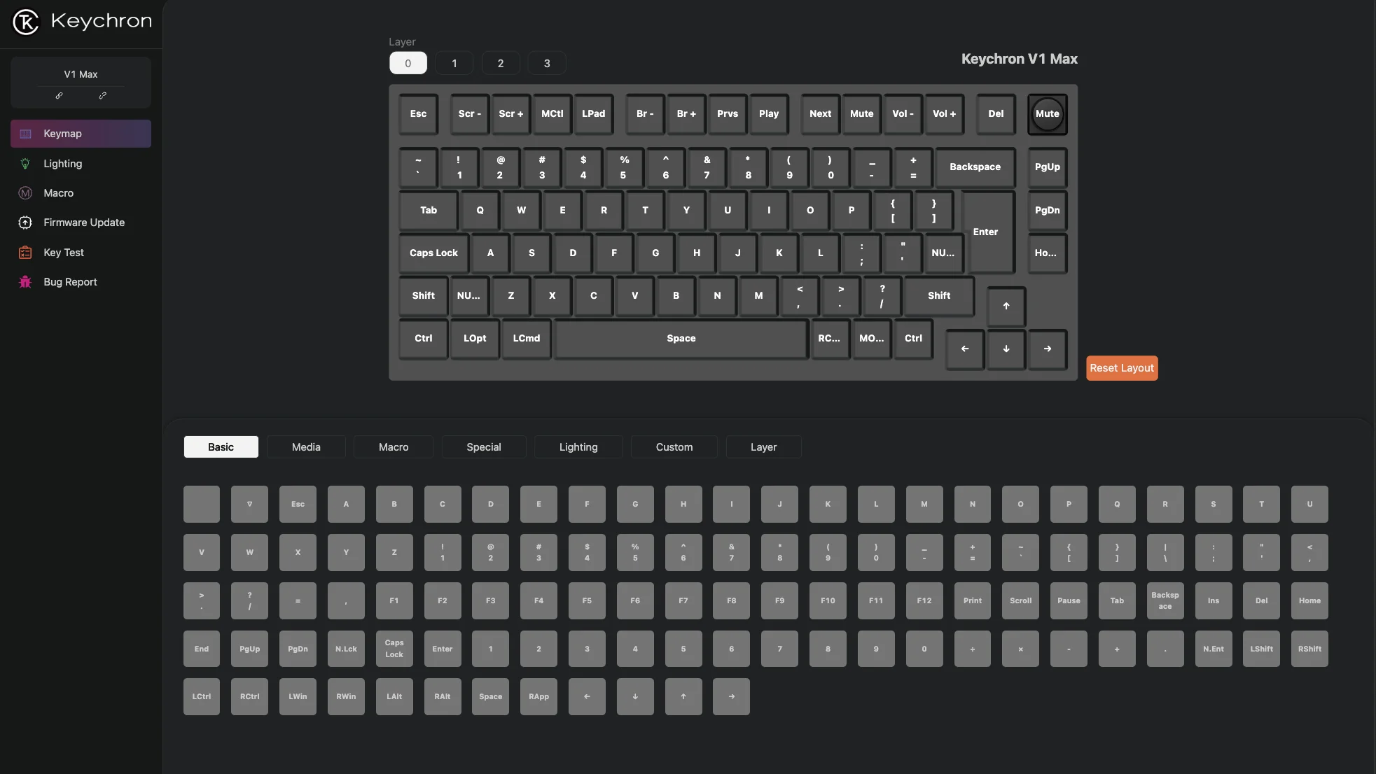 Interface de disposition du clavier. La section supérieure montre un clavier et la section inférieure une autre disposition.