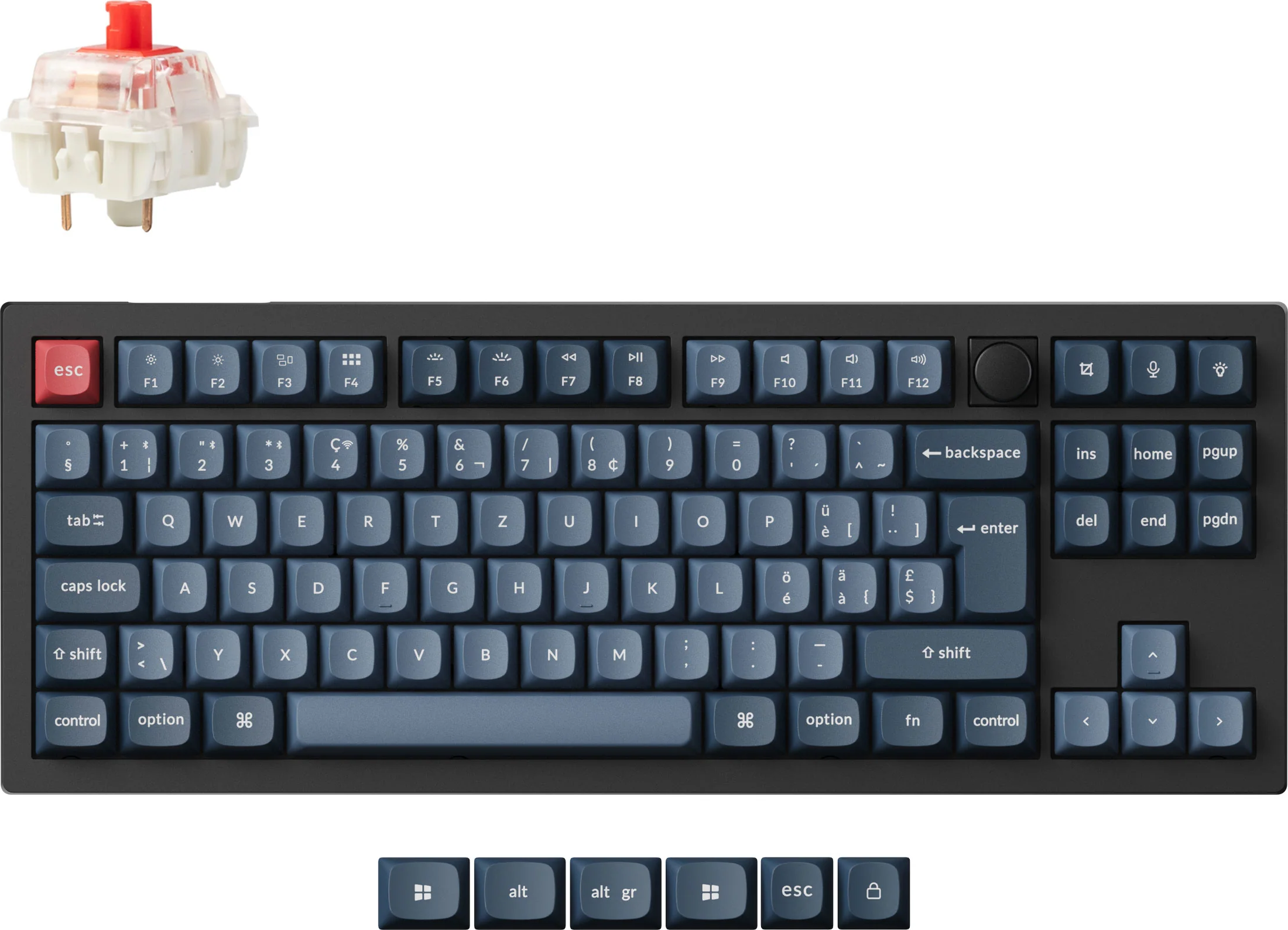 Eine mechanische Tastatur mit blauen Tastenkappen, roter Esc-Taste und einem Schalter. Die Tastenkappen zeigen Buchstaben, Zahlen und Symbole.