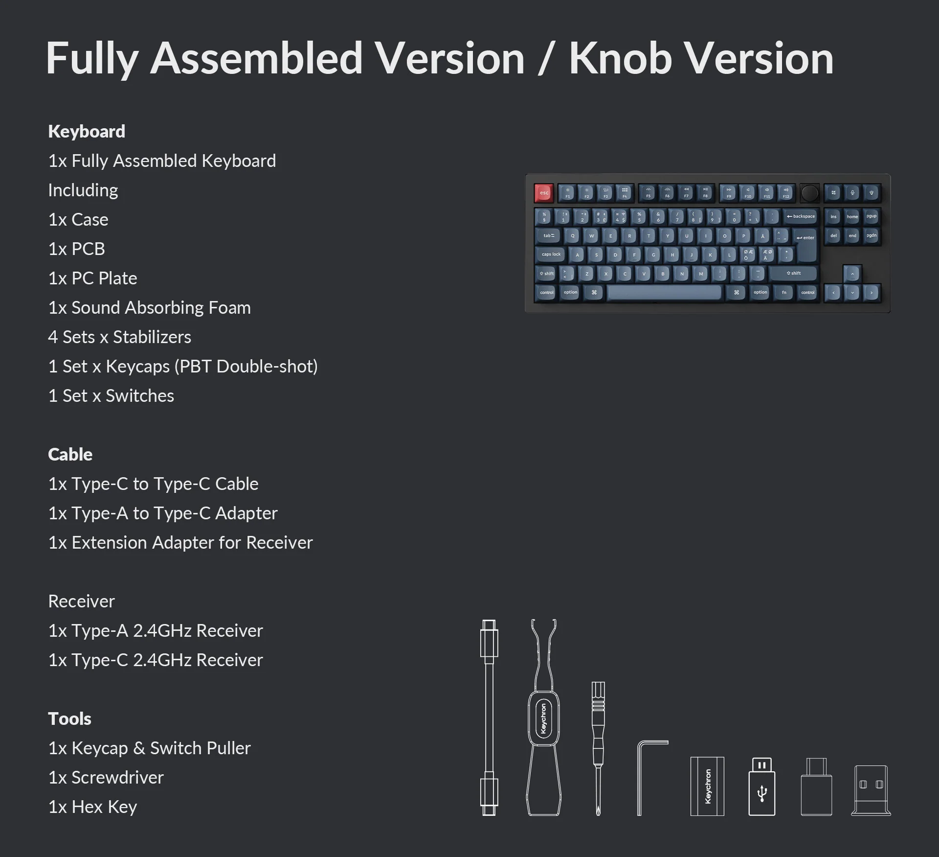 Das Bild zeigt eine Tastatur und mitgeliefertes Zubehör. Es umfasst eine Tastatur, Kabel, einen Empfänger und Werkzeuge.
