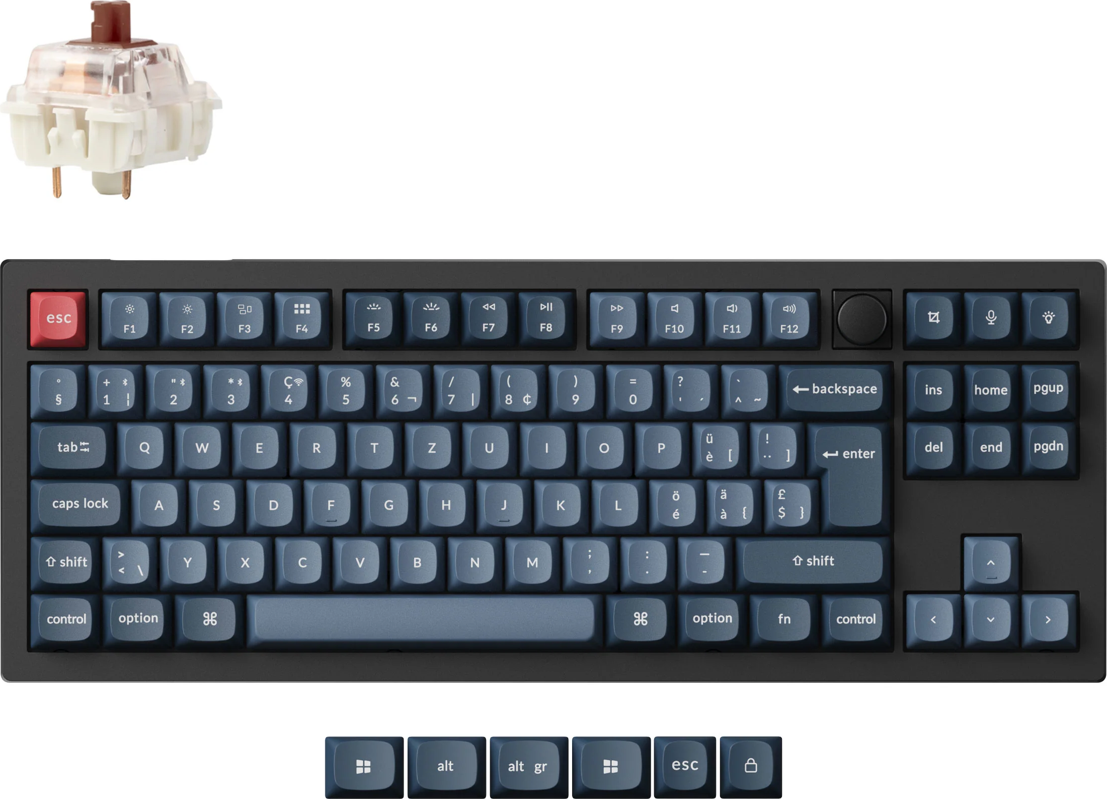 Eine mechanische Tastatur mit blauen Tasten, einer roten ESC-Taste und einem mechanischen Schalter oben links.