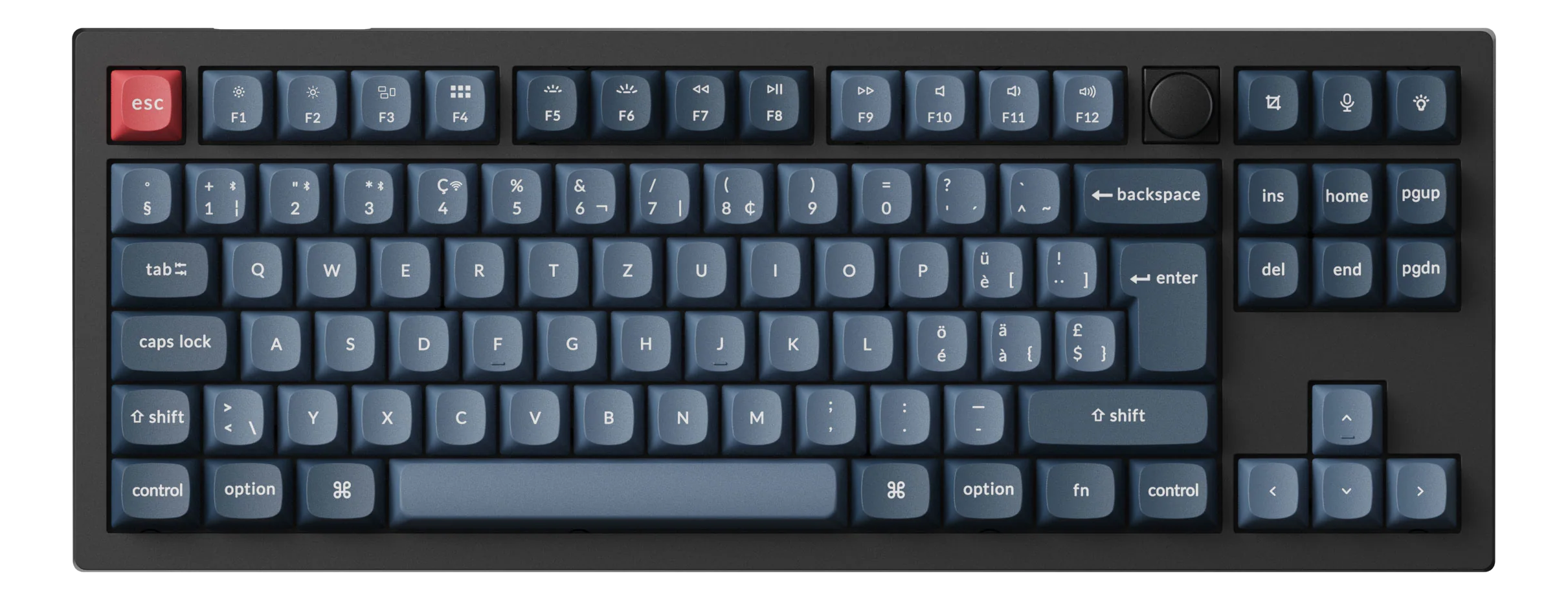 Eine dunkelblaue mechanische Tastatur mit weißen Tastenkappen. Enthält Funktionstasten, alphanumerische Tasten und eine rote ESC-Taste.