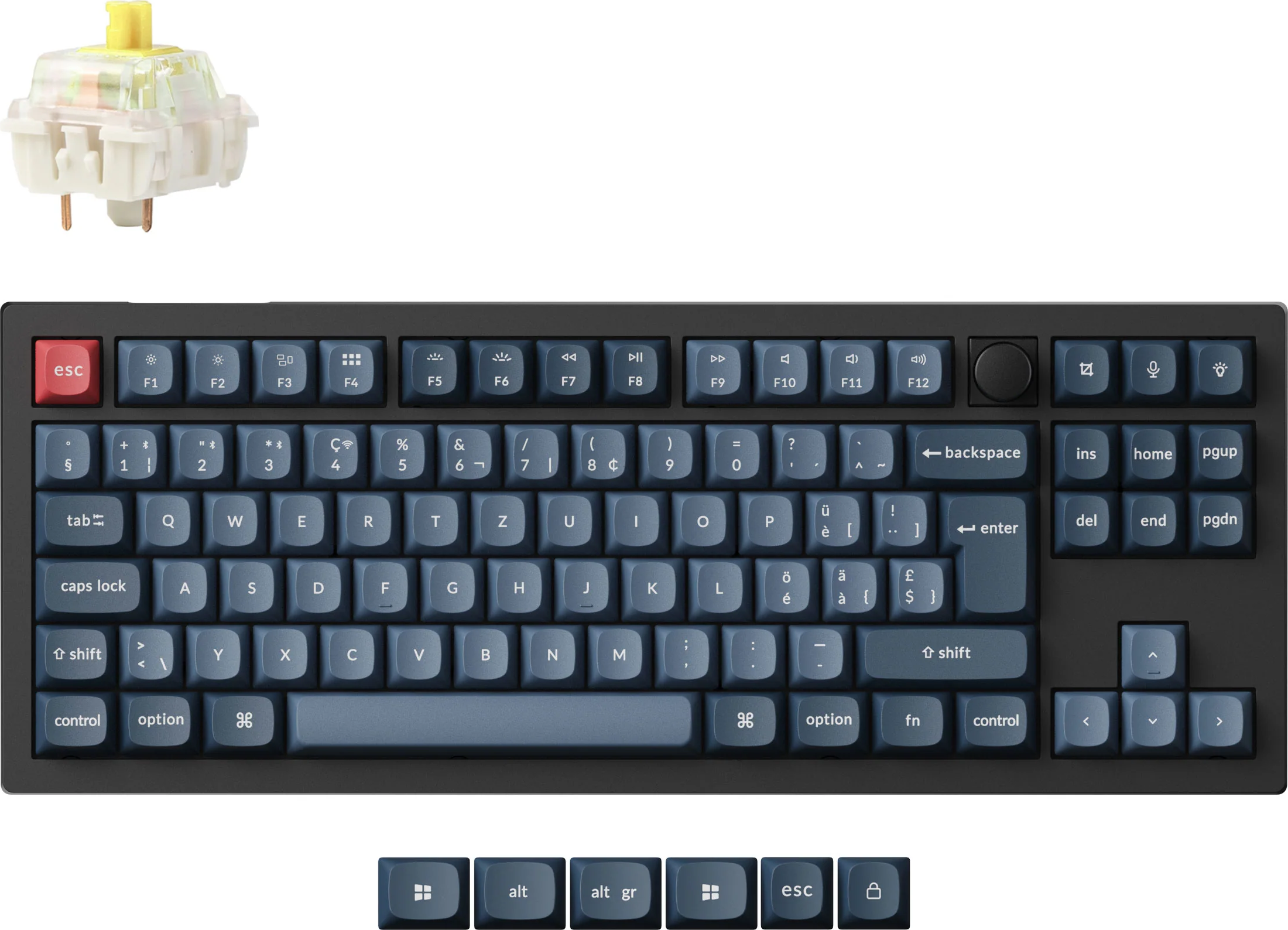 Eine schwarze Tastatur mit blauen Tasten, einer roten Escape-Taste und einem gelben mechanischen Schalter.