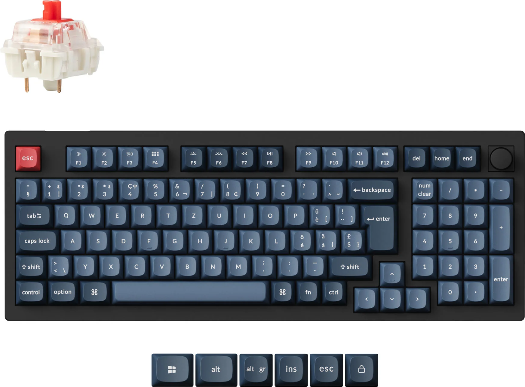 Eine mechanische Tastatur mit blauen Tastenkappen und einer roten ESC-Taste. Ein einzelner Schalter und zusätzliche Tasten sind ebenfalls sichtbar.