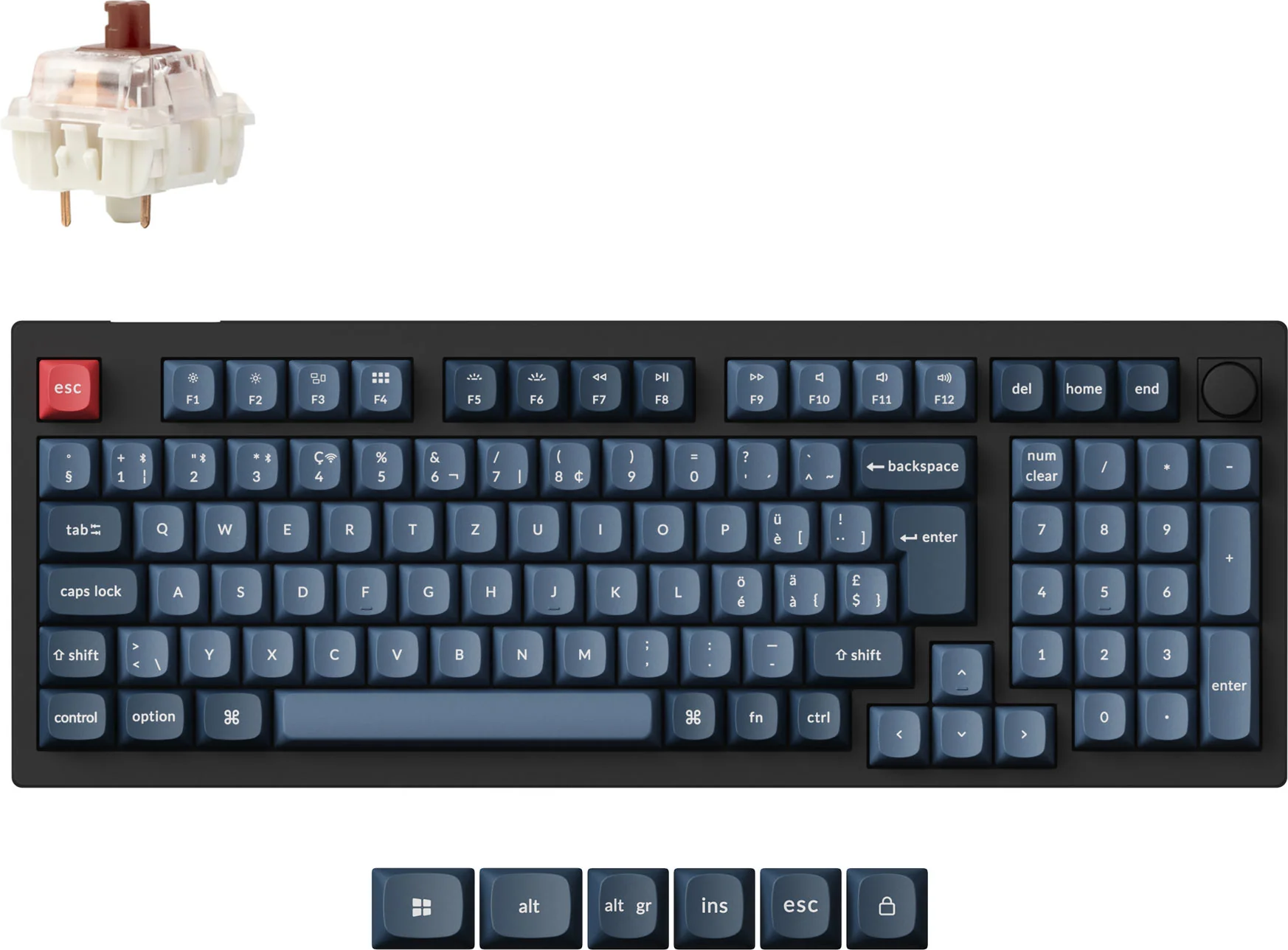 Eine mechanische Tastatur mit blauen Tastenkappen, einer roten Escape-Taste und einem braunen Schalter. Unten gibt es noch zusätzliche Tasten.