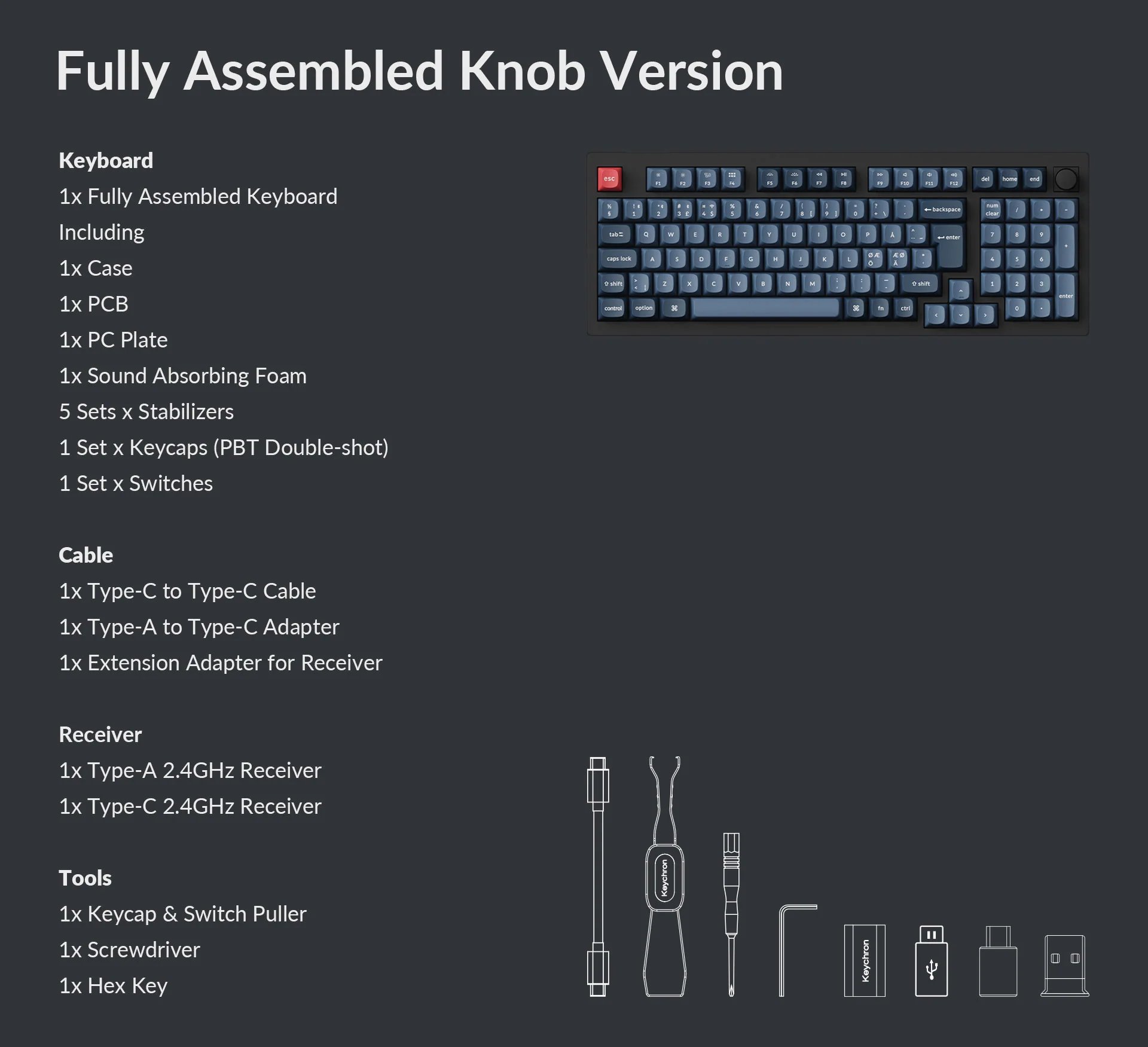 Das Bild zeigt eine Tastatur mit Zubehör: Kabel, Empfänger und Werkzeuge. Komponenten umfassen Tastenkappen, Stabilisatoren und einen Schraubendreher.
