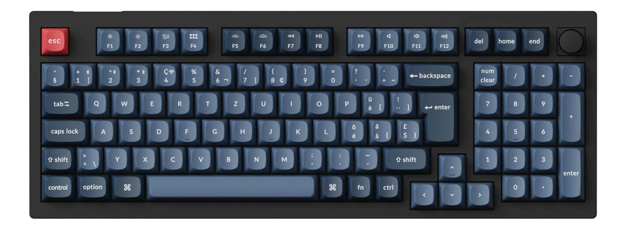 Eine dunkelblaue mechanische Tastatur mit weißen Buchstaben. Rote Escape-Taste links oben.