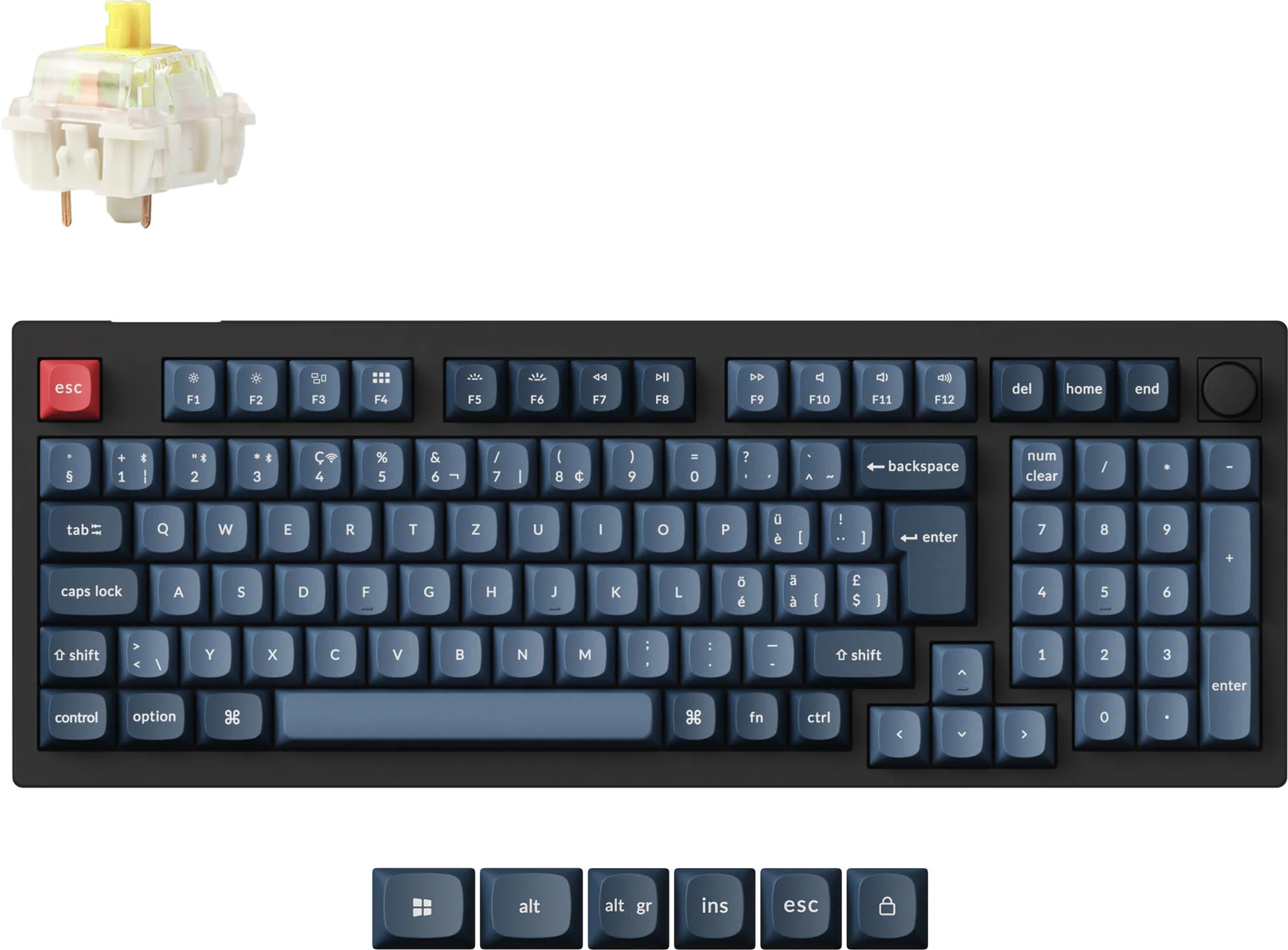 Mechanische Tastatur mit blauen Tastenkappen und roter Escape-Taste. Ein Schalter ist oben abgebildet. Zusätzliche Tasten sind unten abgebildet.